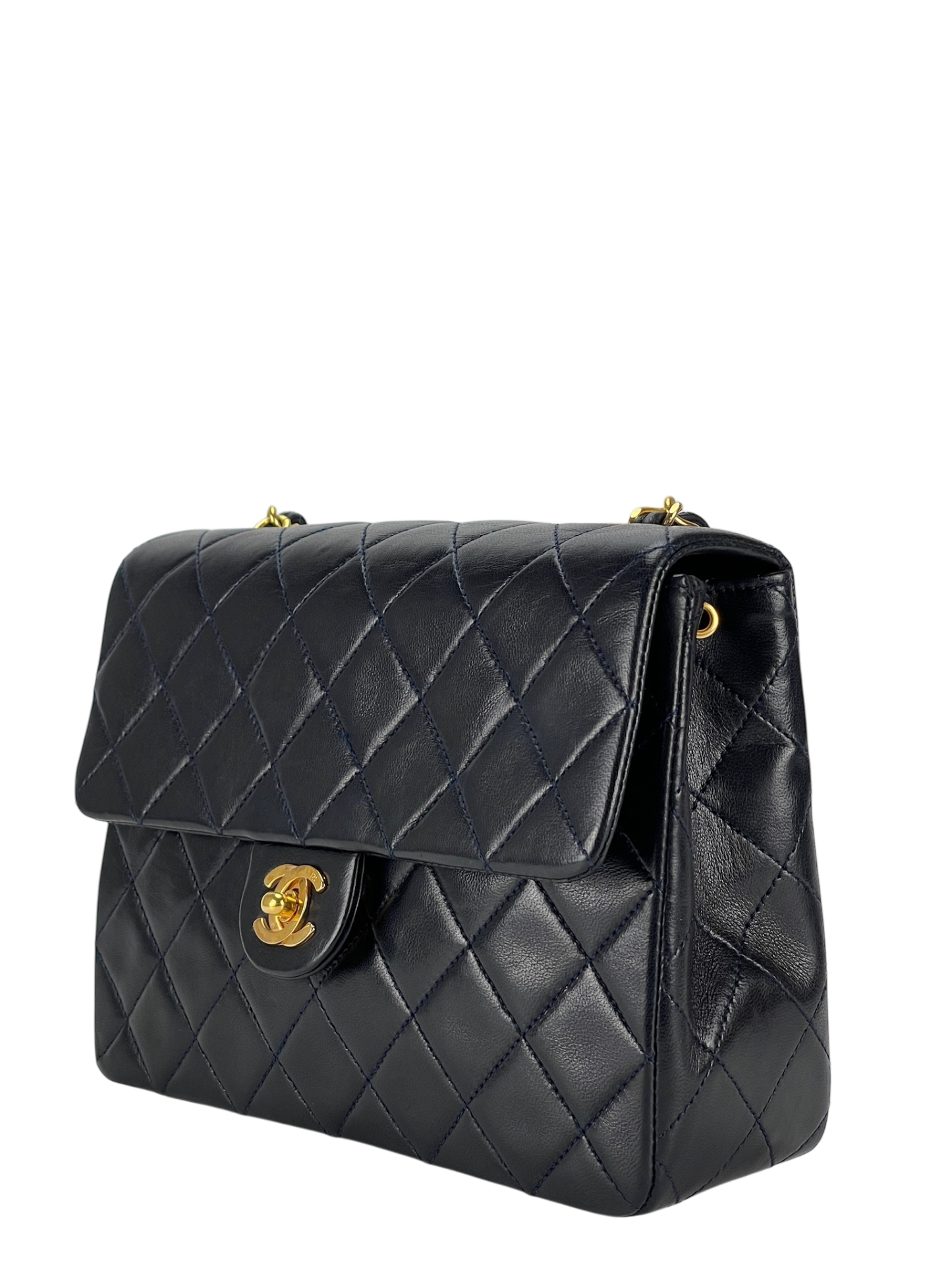 CHANEL - Mini Matlasse 20 Lambskin Single Flap Single Chain Bag Navy Gold Hardware