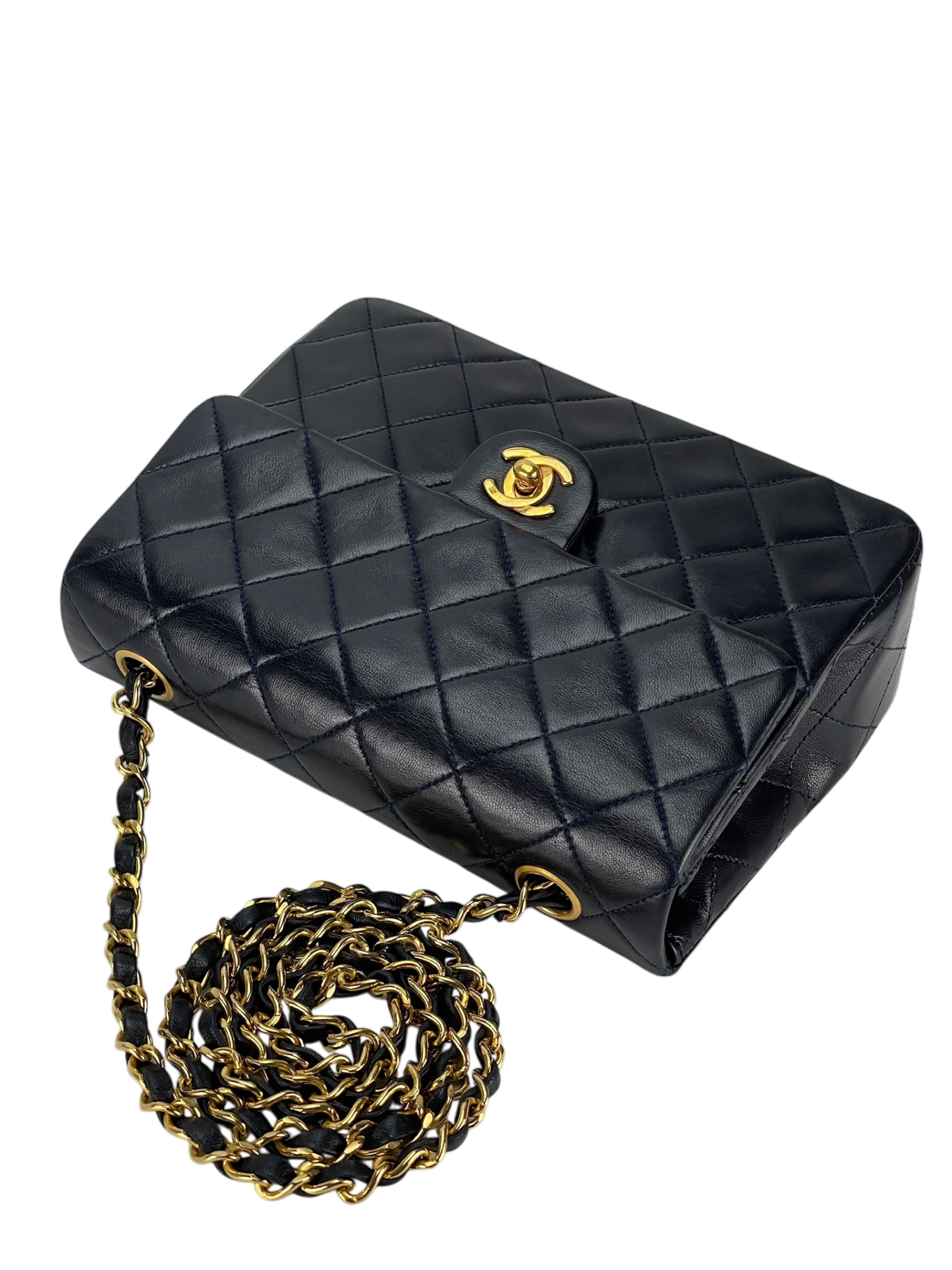 CHANEL - Mini Matlasse 20 Lambskin Single Flap Single Chain Bag Navy Gold Hardware