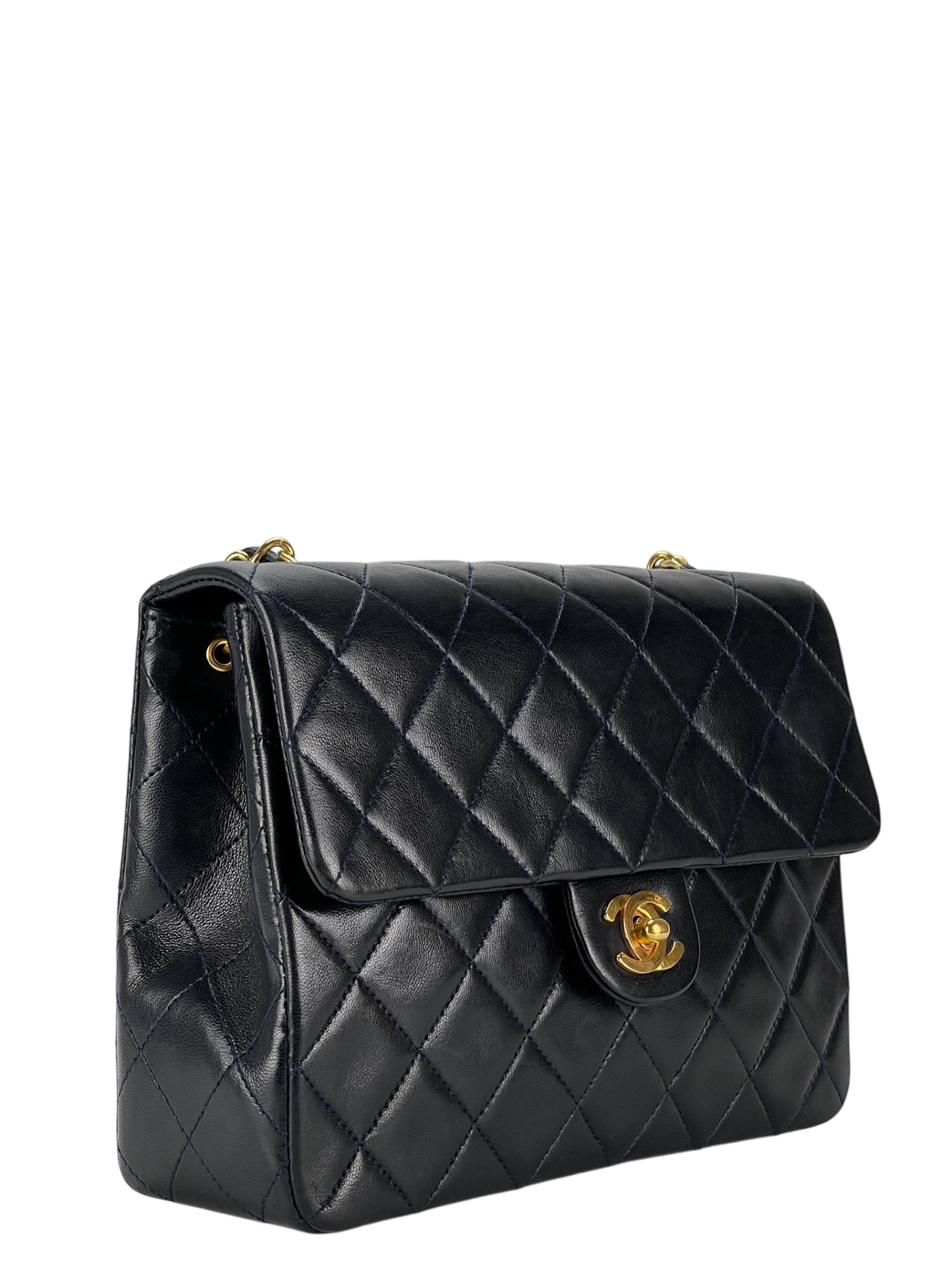 CHANEL - Mini Matlasse 20 Lambskin Single Flap Single Chain Bag Navy Gold Hardware