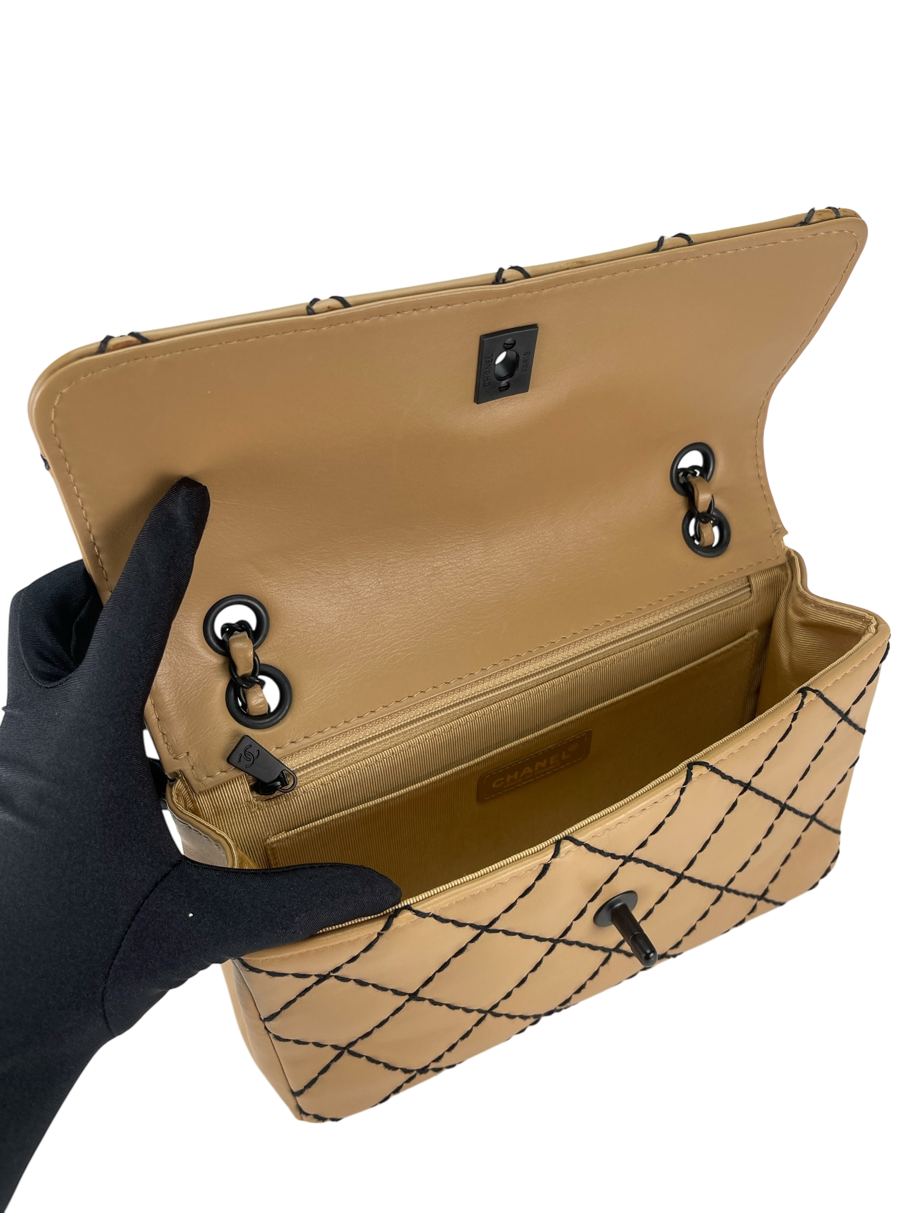 CHANEL - Beige Quilted Leather Wild Stitch Surpique Flap Bag