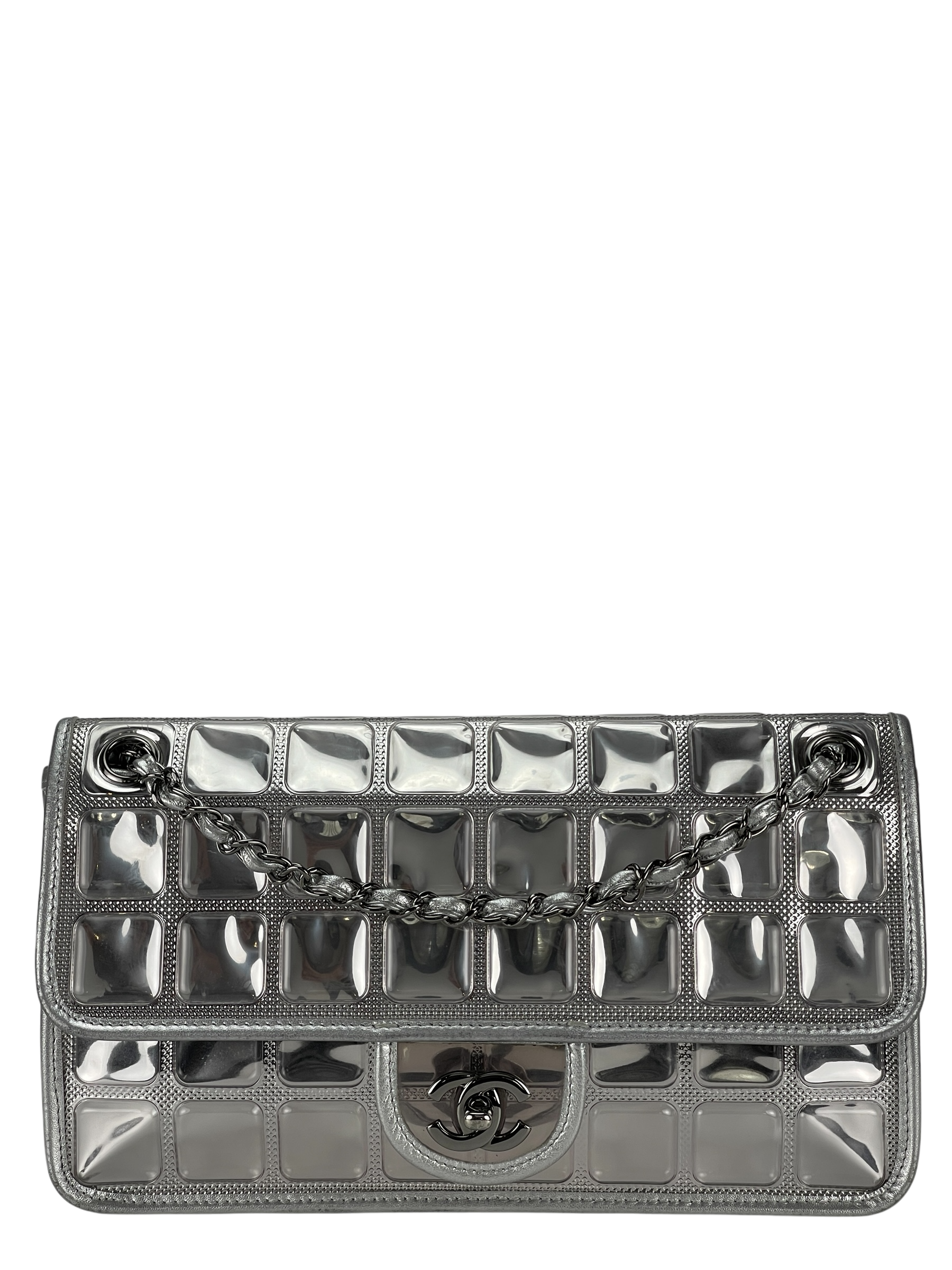 CHANEL - CC Ice Cube Silver Leather Vinyl Double Chain Flap Bag