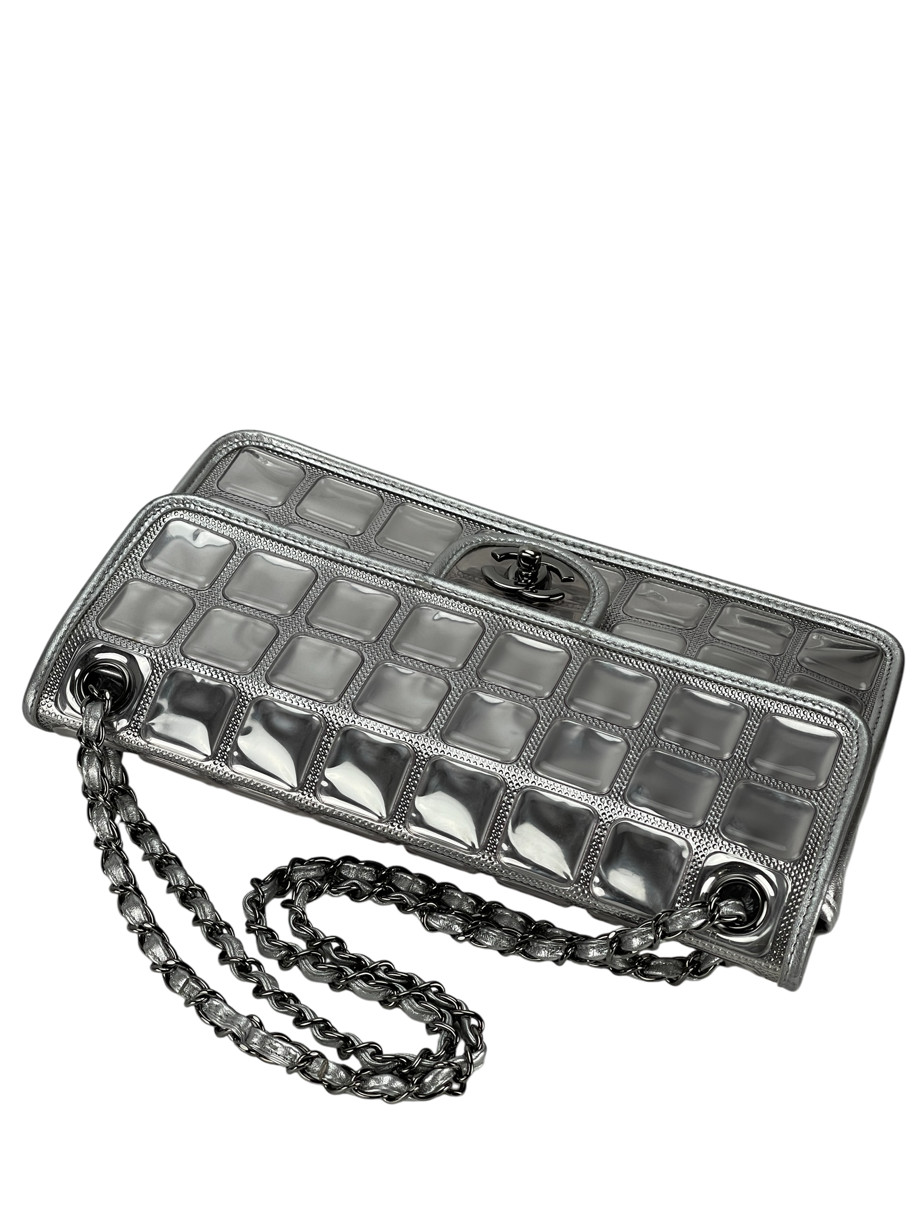 CHANEL - CC Ice Cube Silver Leather Vinyl Double Chain Flap Bag