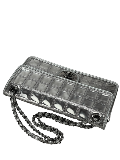 CHANEL - CC Ice Cube Silver Leather Vinyl Double Chain Flap Bag