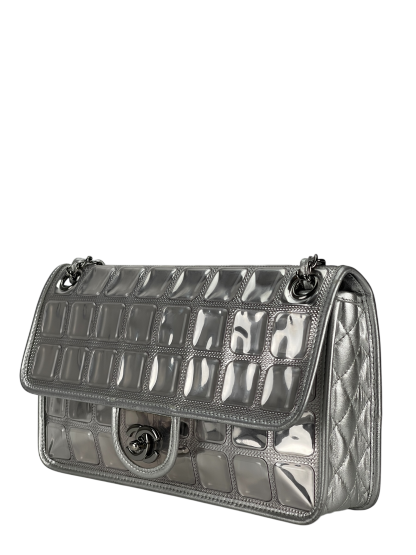 CHANEL - CC Ice Cube Silver Leather Vinyl Double Chain Flap Bag