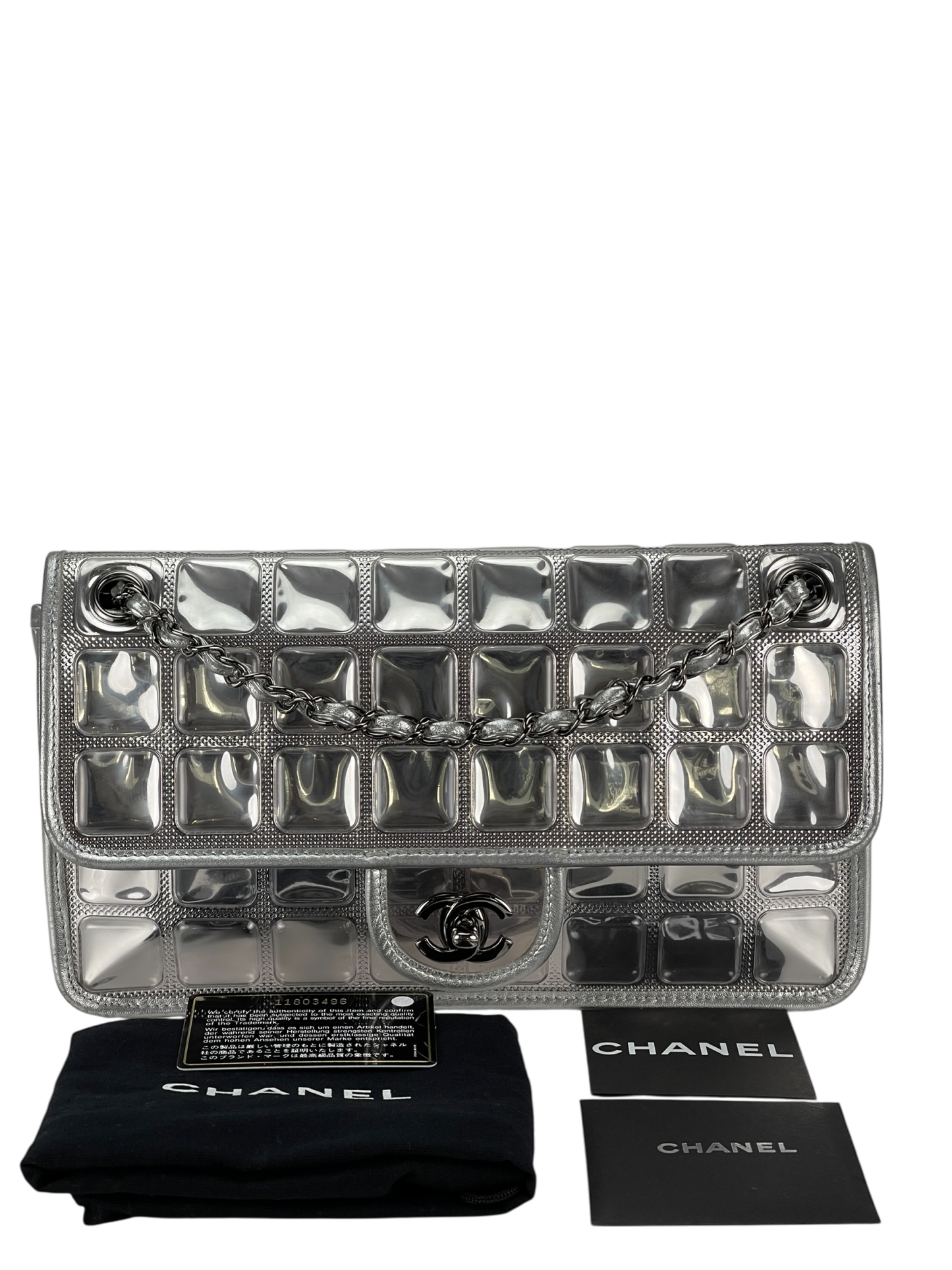CHANEL - CC Ice Cube Silver Leather Vinyl Double Chain Flap Bag