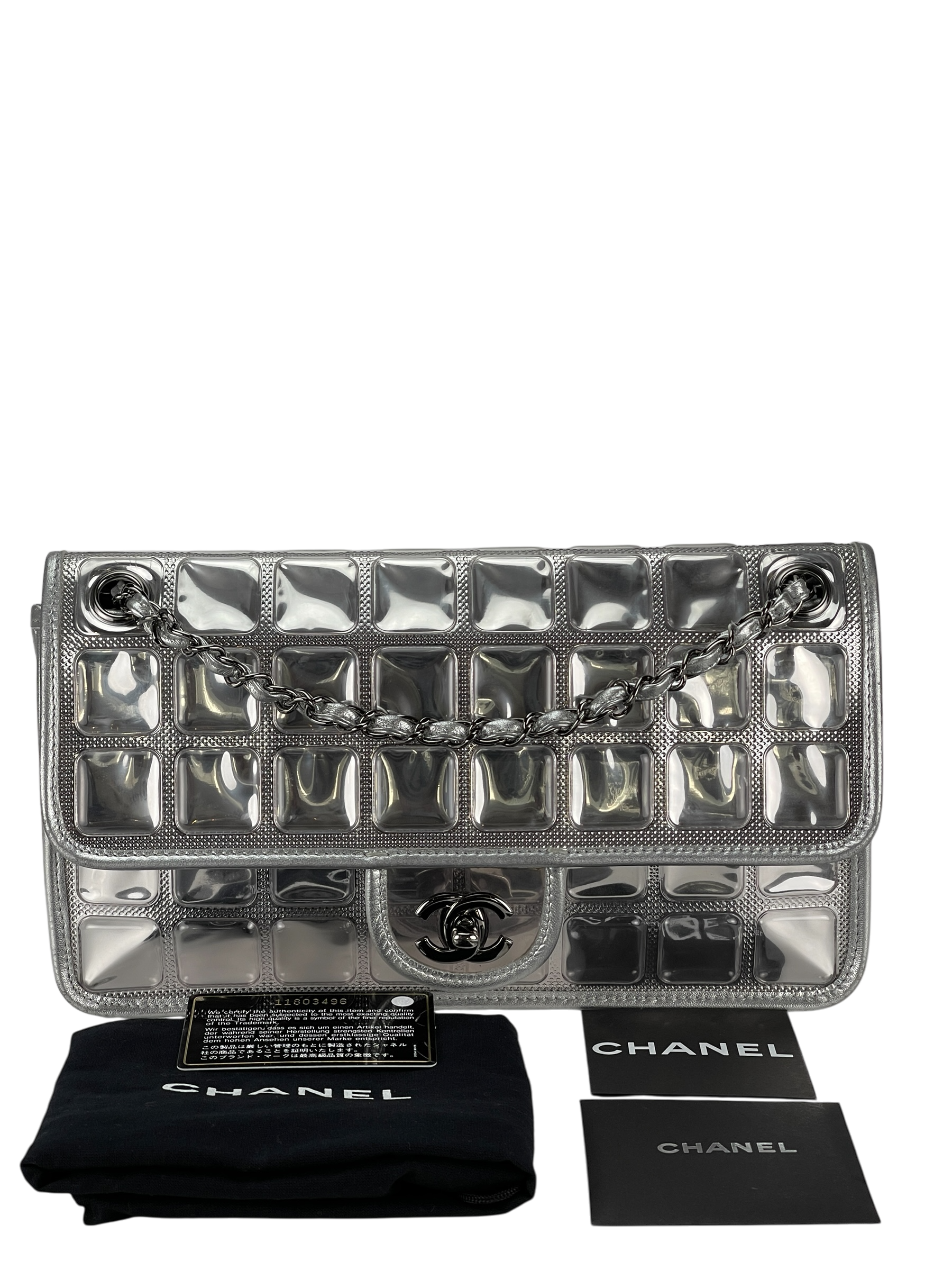 CHANEL - CC Ice Cube Silver Leather Vinyl Double Chain Flap Bag