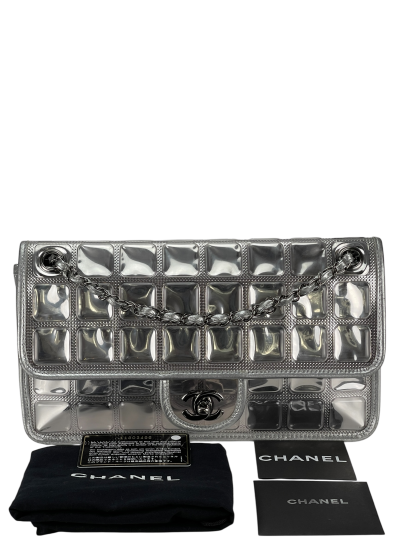 CHANEL - CC Ice Cube Silver Leather Vinyl Double Chain Flap Bag