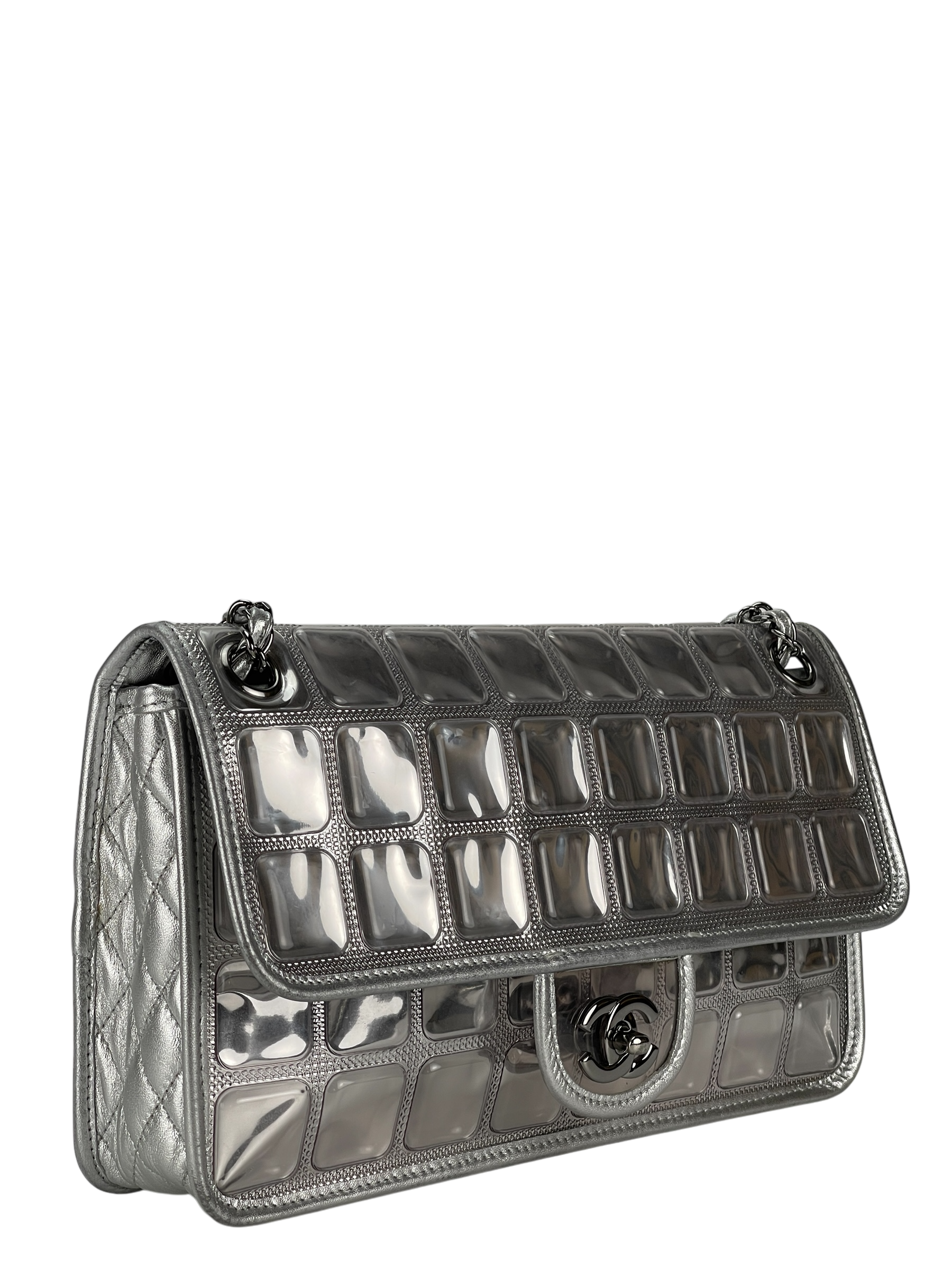 CHANEL - CC Ice Cube Silver Leather Vinyl Double Chain Flap Bag