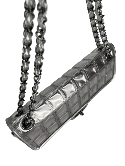 CHANEL - CC Ice Cube Silver Leather Vinyl Double Chain Flap Bag