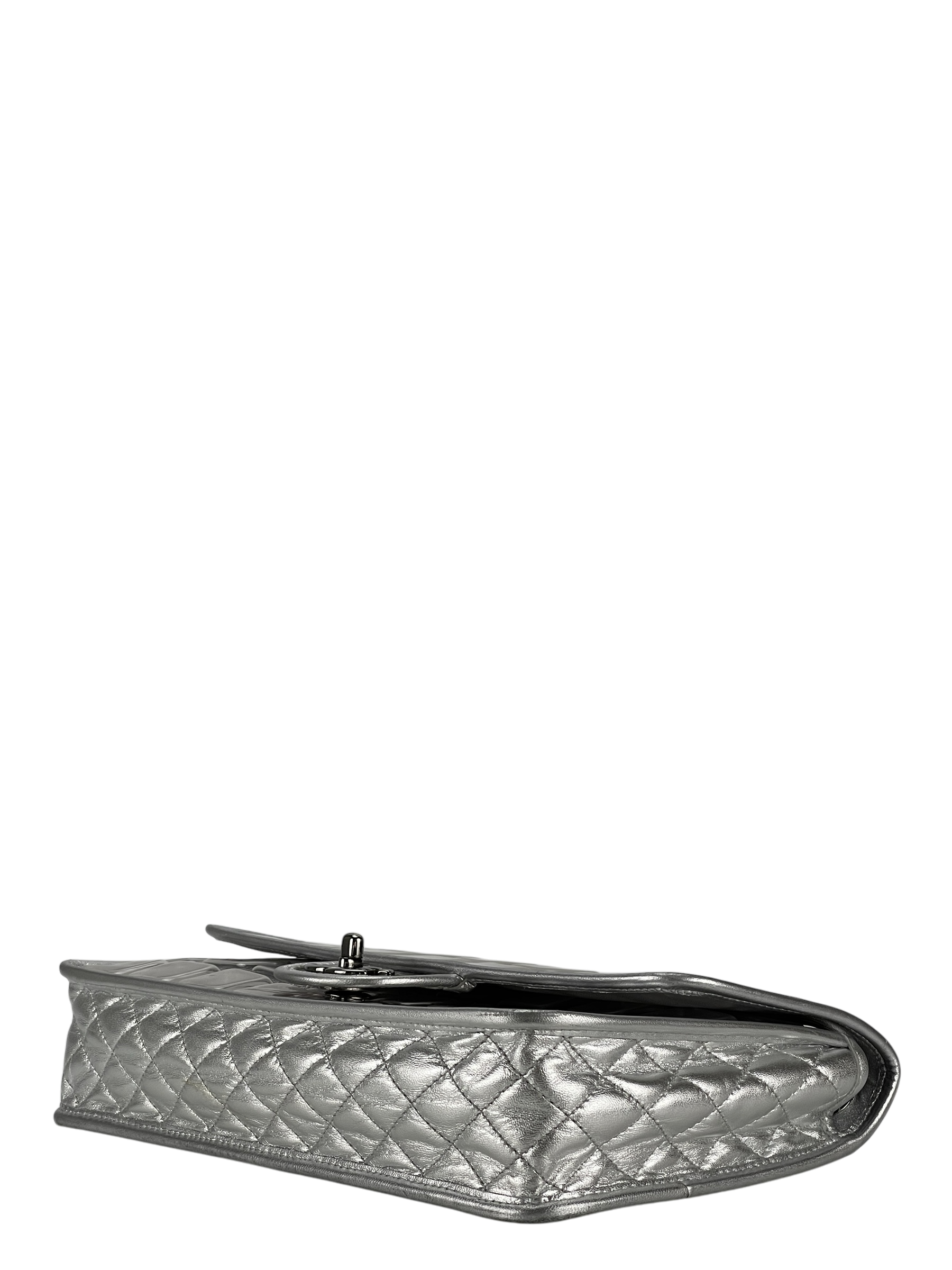 CHANEL - CC Ice Cube Silver Leather Vinyl Double Chain Flap Bag