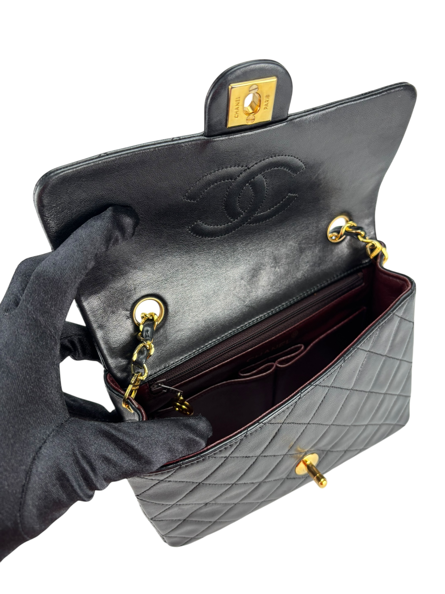 CHANEL - Mini Matlasse 20 Lambskin Single Flap Single Chain Bag Black Gold Hardware