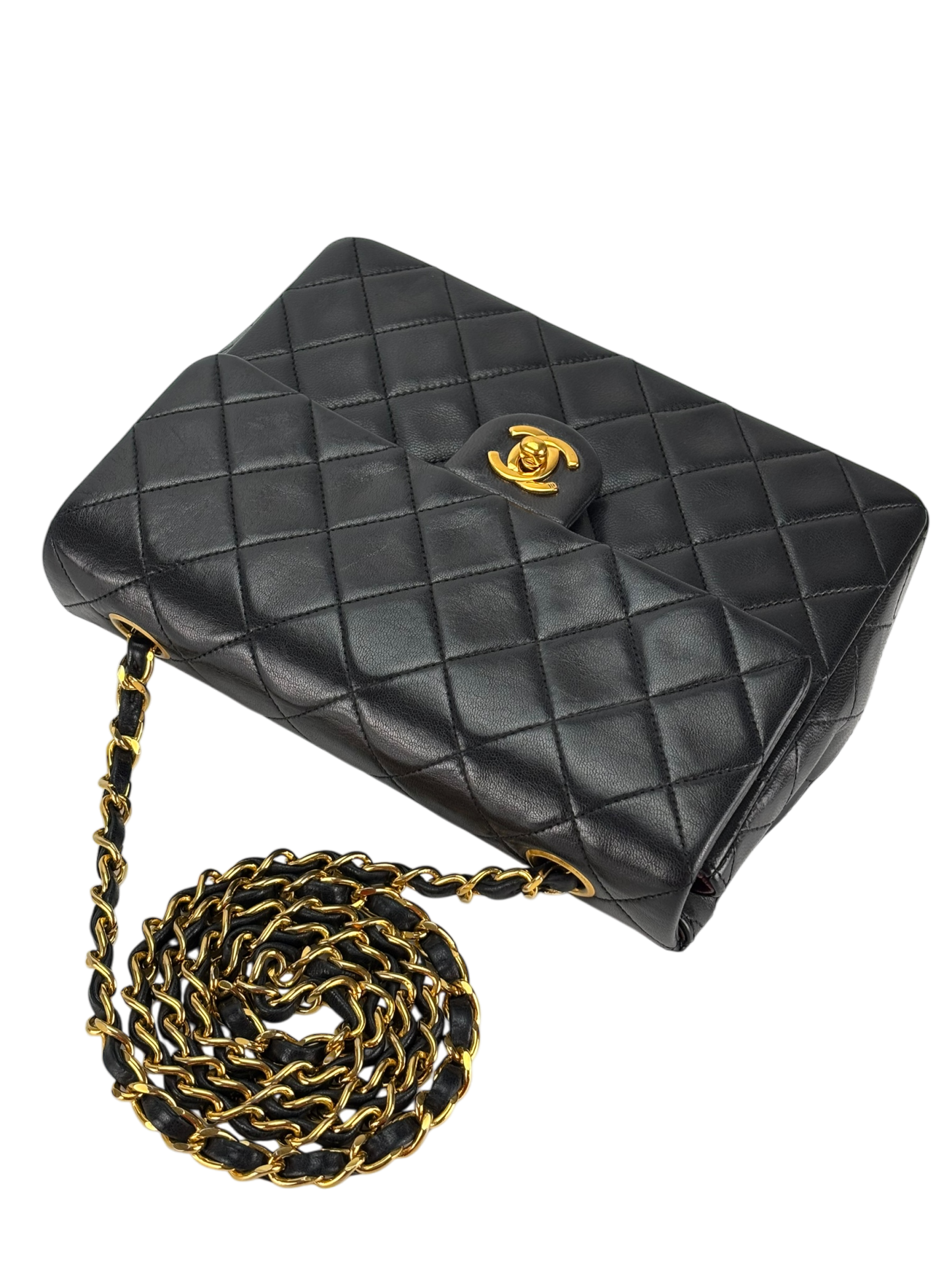 CHANEL - Mini Matlasse 20 Lambskin Single Flap Single Chain Bag Black Gold Hardware