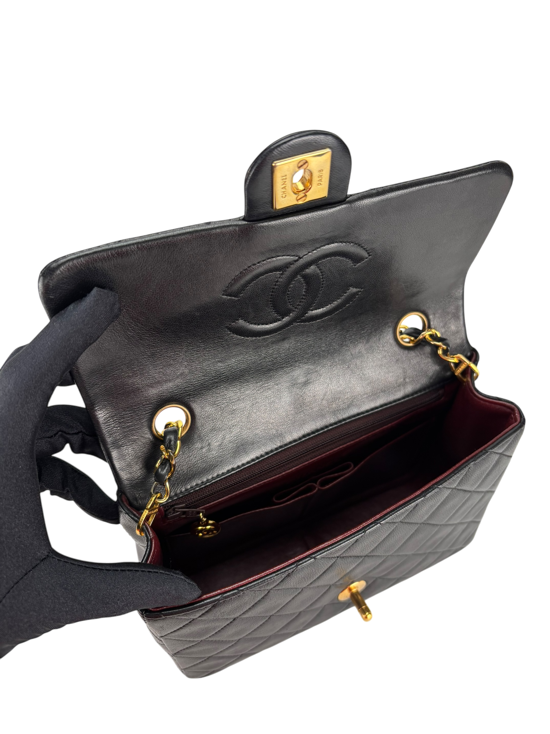 CHANEL - Mini Matlasse 20 Lambskin Single Flap Single Chain Bag Black Gold Hardware