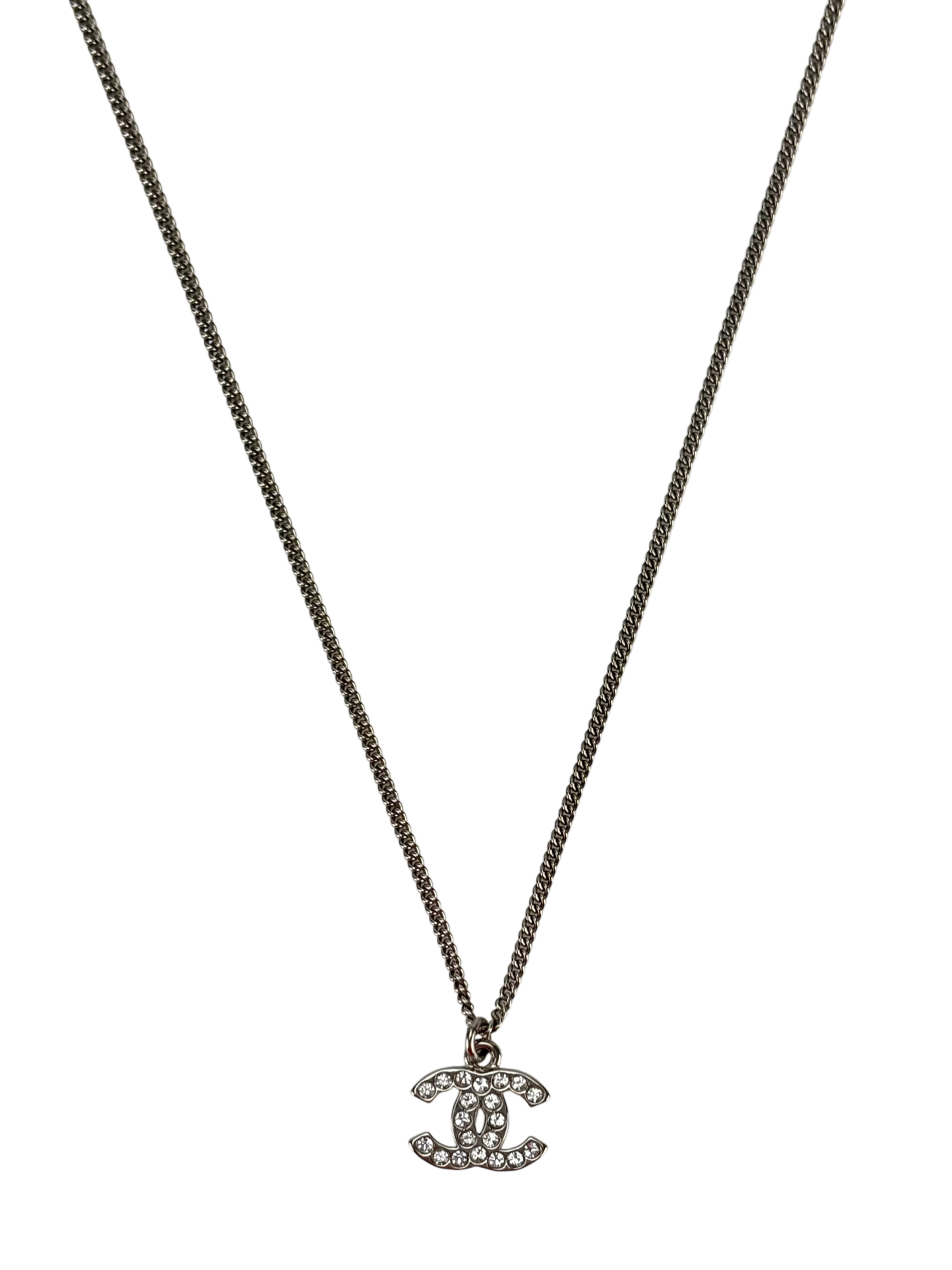 CHANEL - 10V Silver-tone Rhinestone CC Mark Necklace
