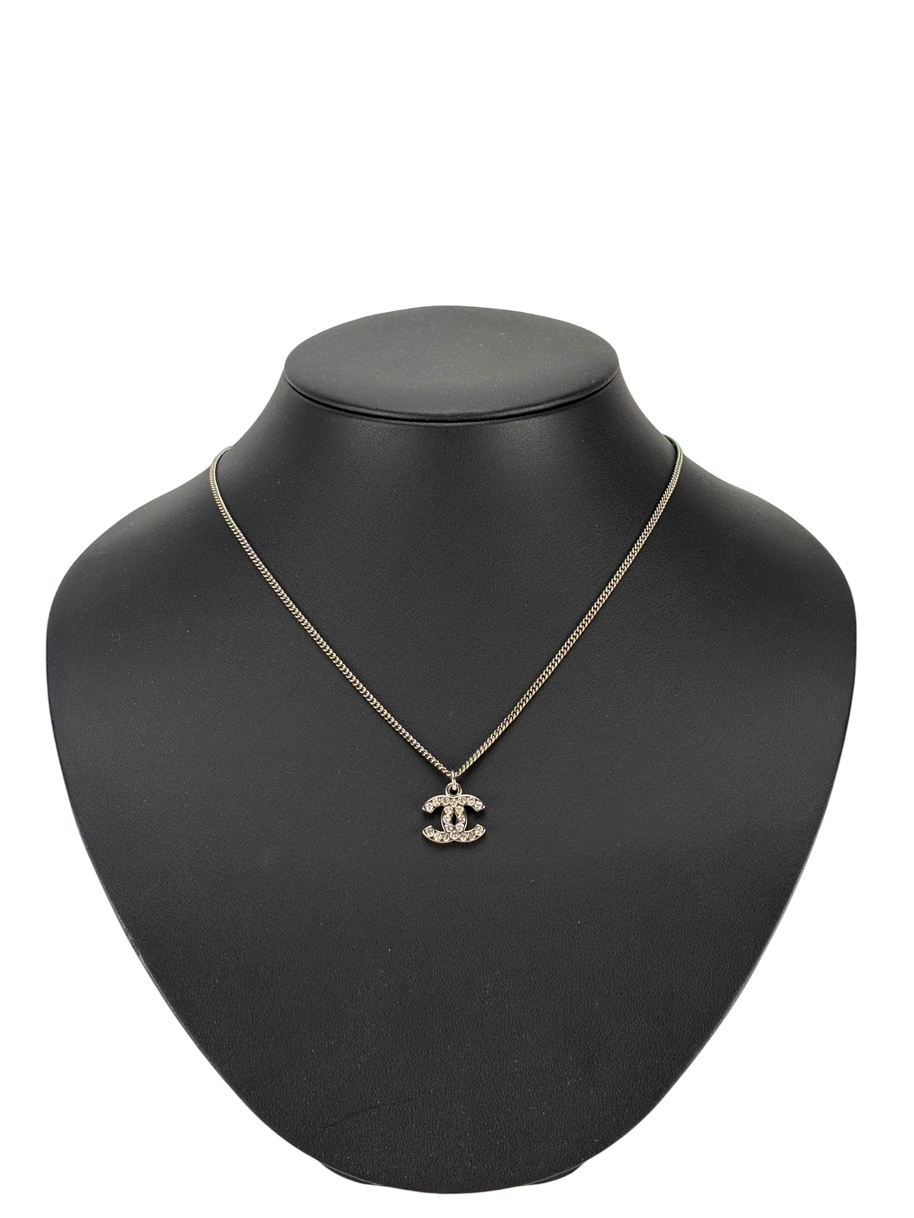 CHANEL - 10V Silver-tone Rhinestone CC Mark Necklace