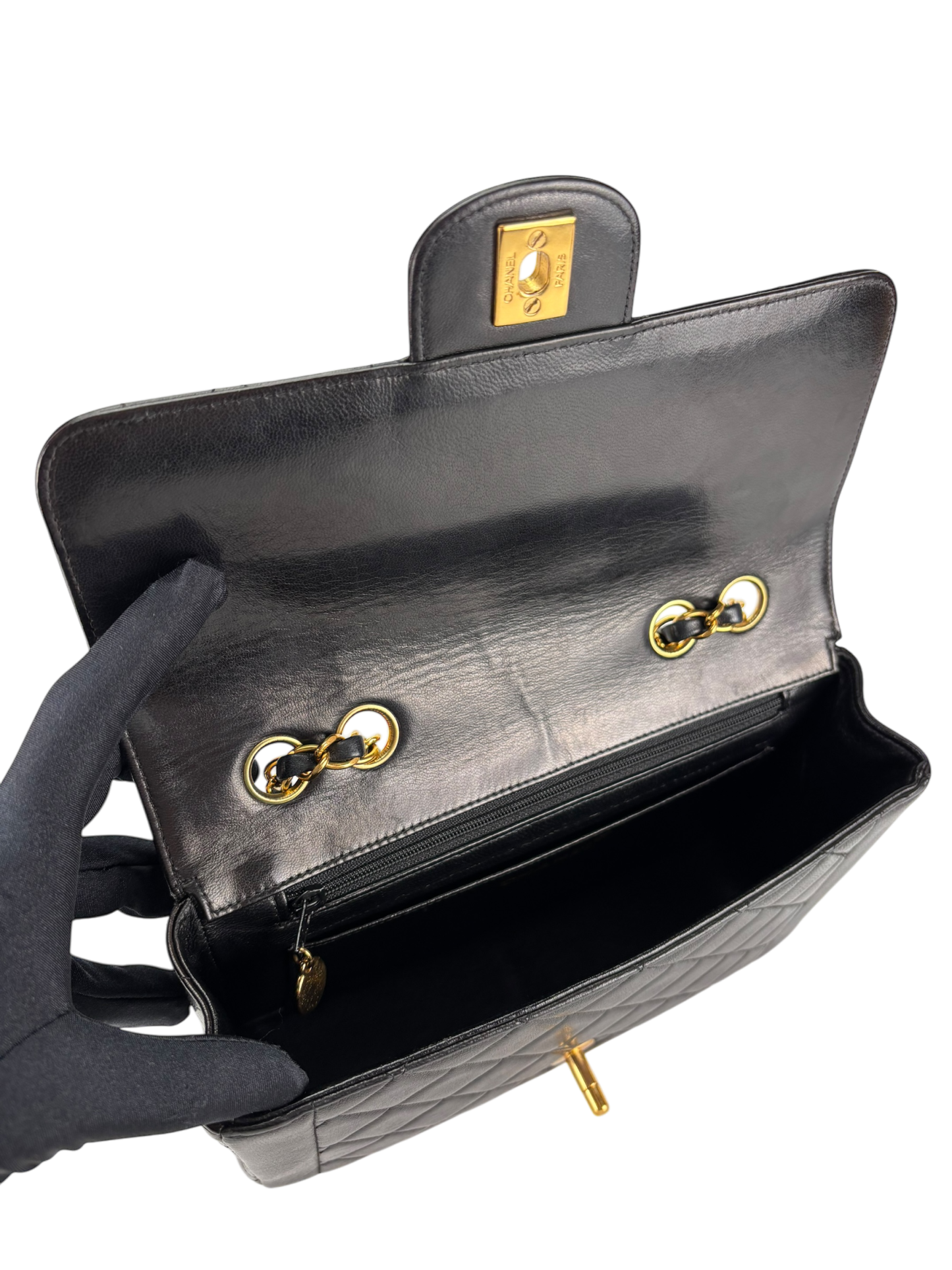 CHANEL - Small Classic Double Flap Bag Black Lambskin Gold Hardware (CF23)