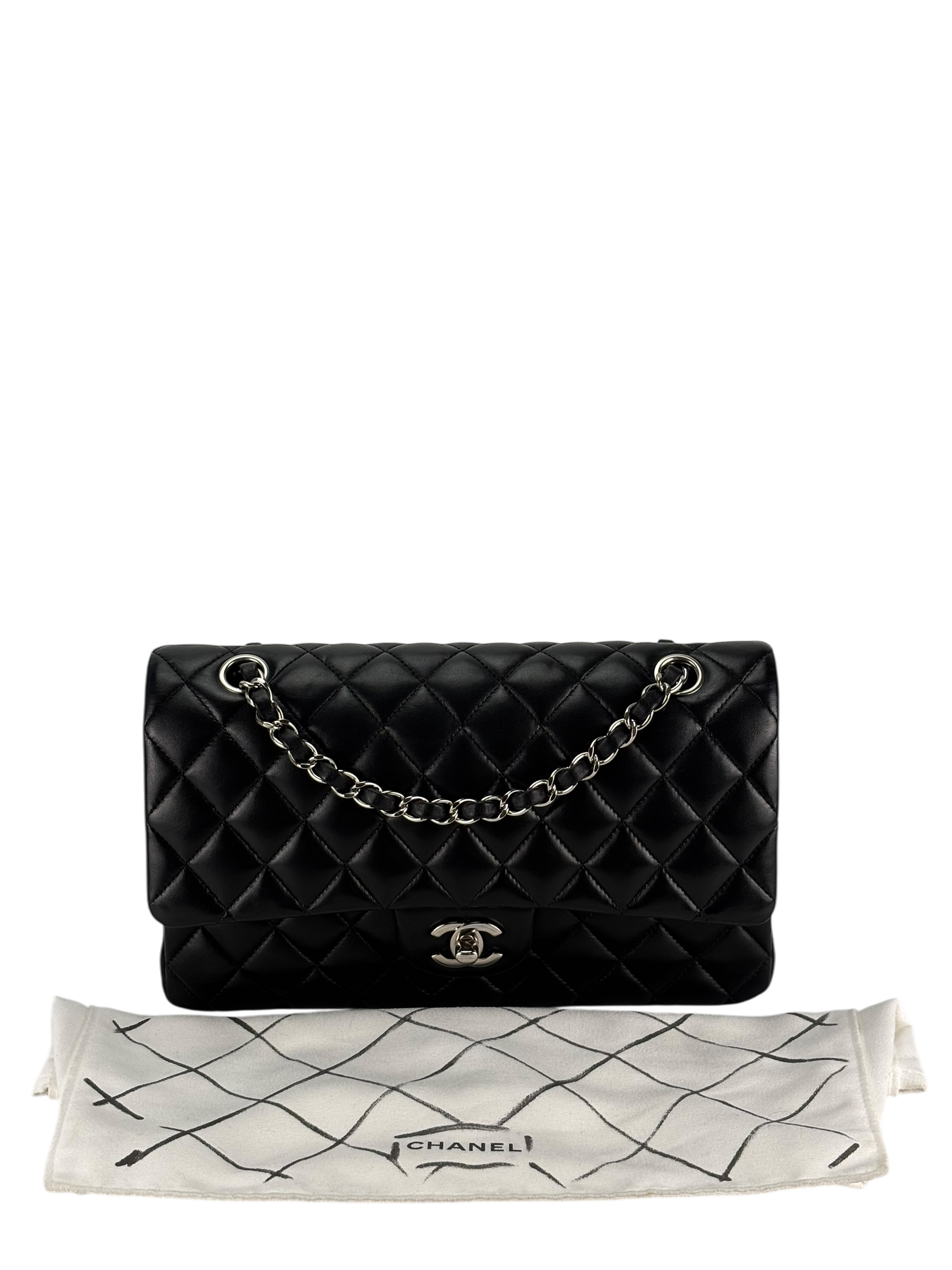 CHANEL - Medium Classic Double Flap Bag Black Lambskin Sliver Hardware (CF25)