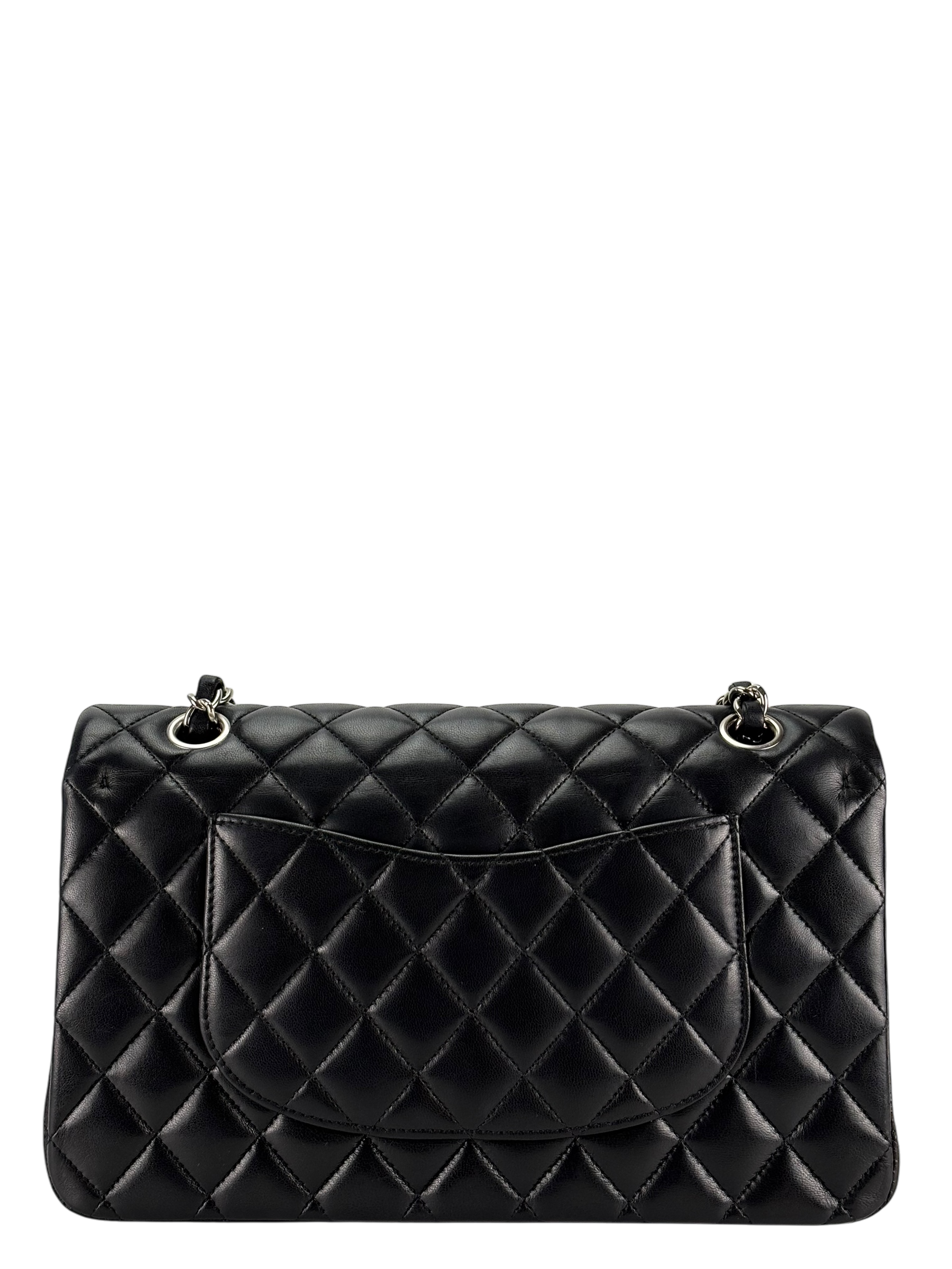 CHANEL - Medium Classic Double Flap Bag Black Lambskin Sliver Hardware (CF25)