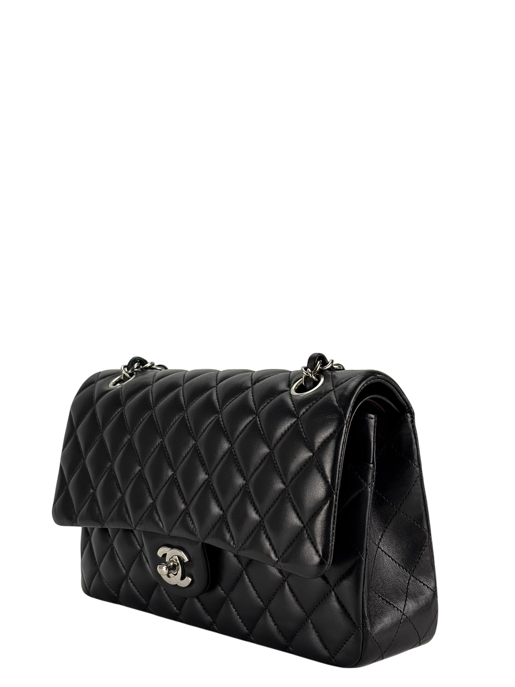 CHANEL - Medium Classic Double Flap Bag Black Lambskin Sliver Hardware (CF25)