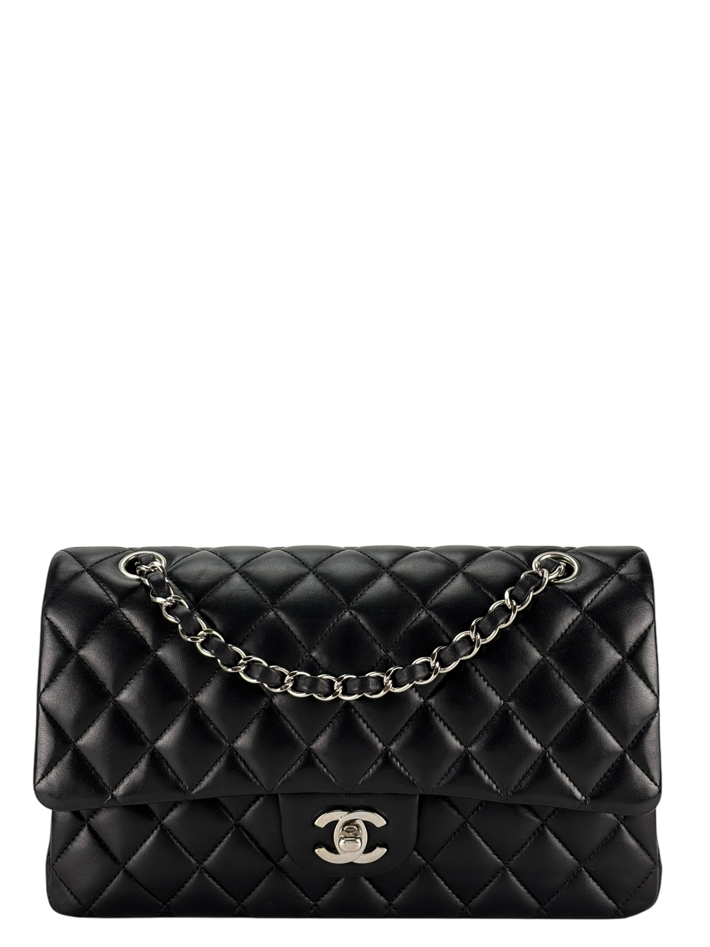 CHANEL - Medium Classic Double Flap Bag Black Lambskin Sliver Hardware (CF25)