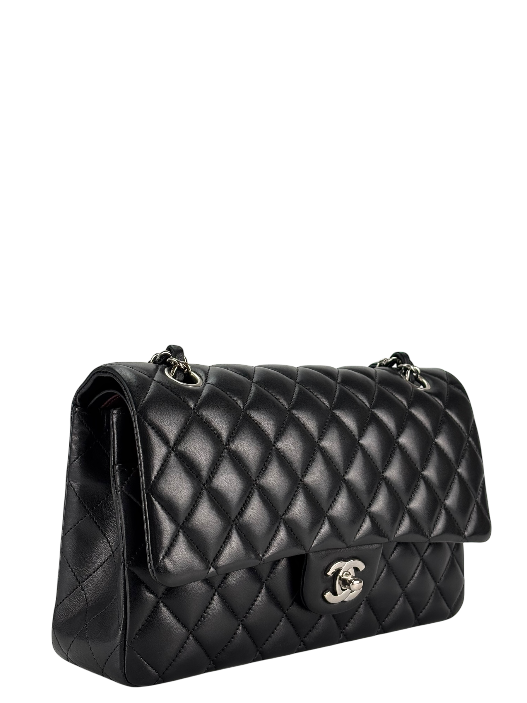 CHANEL - Medium Classic Double Flap Bag Black Lambskin Sliver Hardware (CF25)