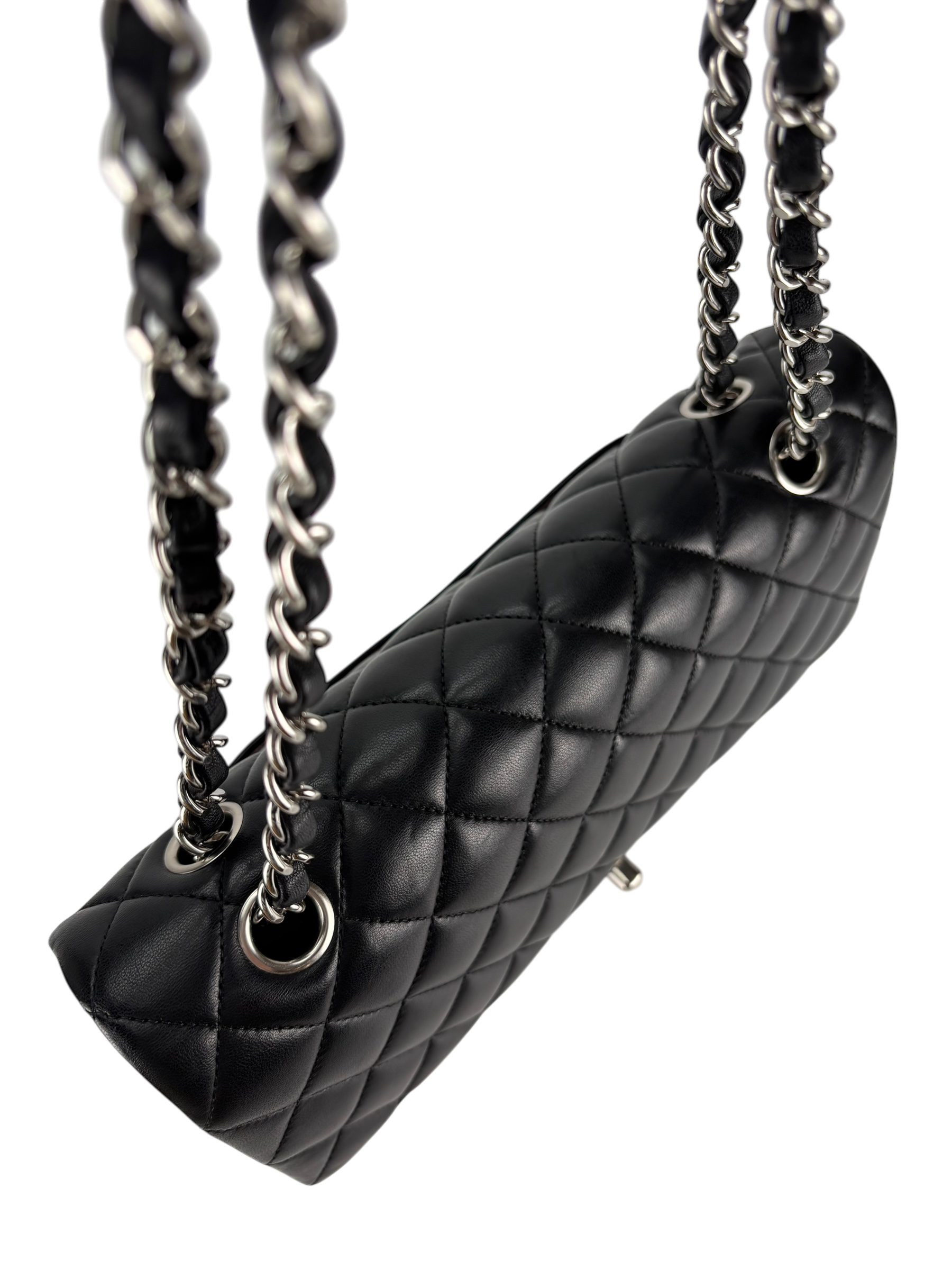 CHANEL - Medium Classic Double Flap Bag Black Lambskin Sliver Hardware (CF25)