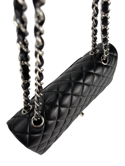 CHANEL - Medium Classic Double Flap Bag Black Lambskin Sliver Hardware (CF25)