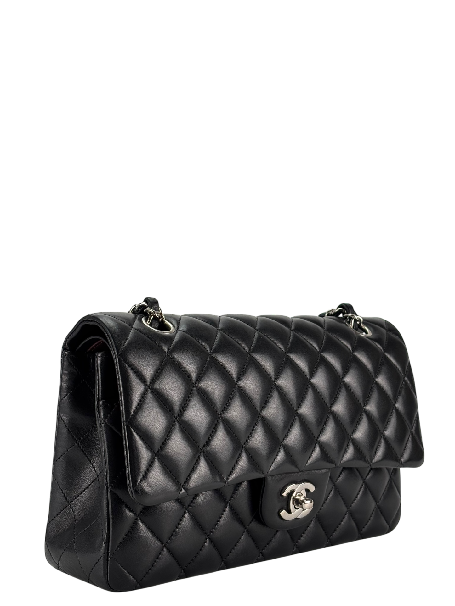 CHANEL - Medium Classic Double Flap Bag Black Lambskin Sliver Hardware (CF25)
