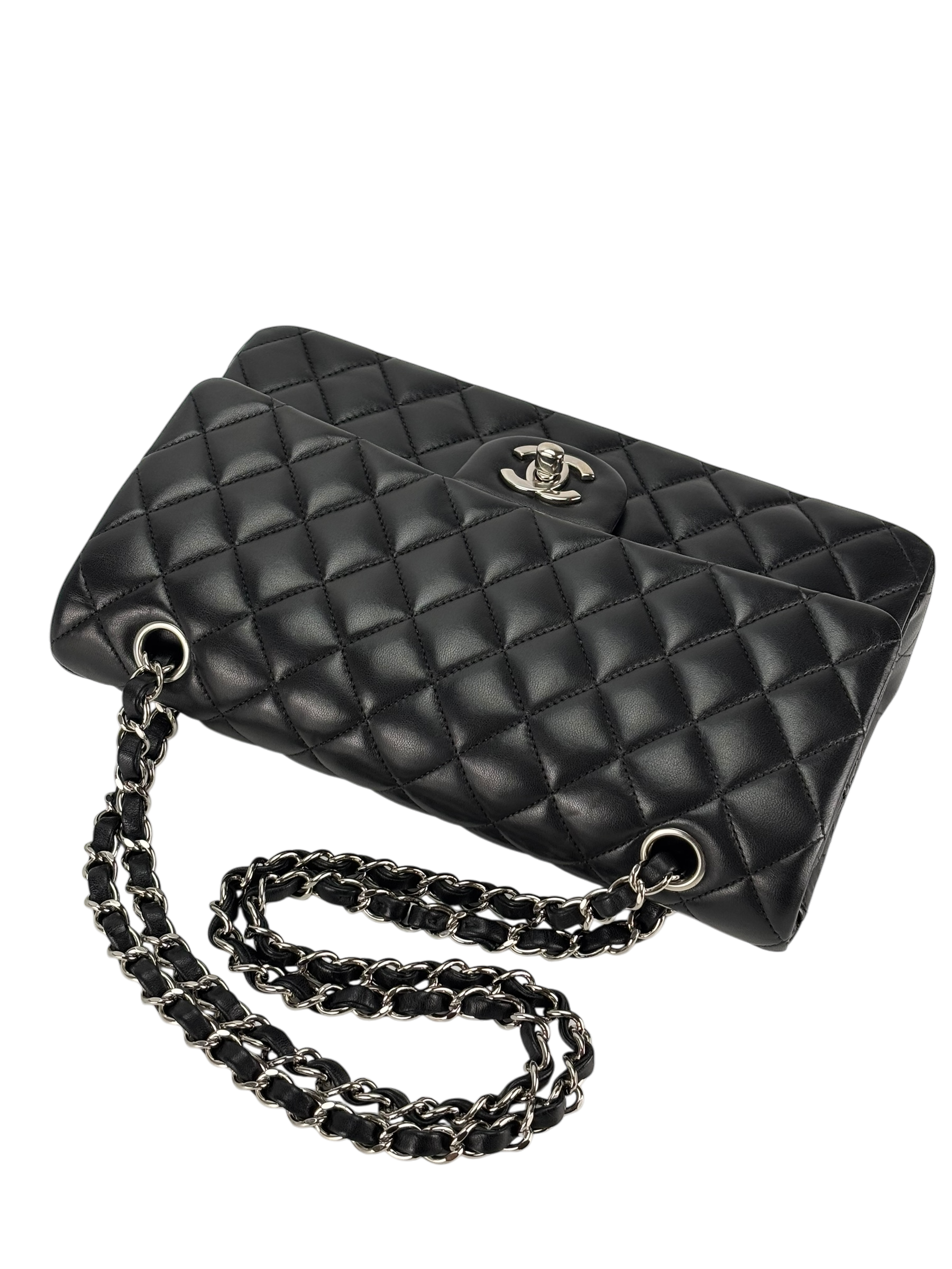 CHANEL - Medium Classic Double Flap Bag Black Lambskin Sliver Hardware (CF25)
