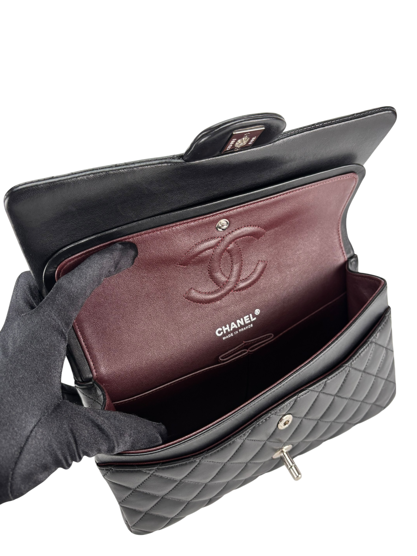 CHANEL - Medium Classic Double Flap Bag Black Lambskin Sliver Hardware (CF25)