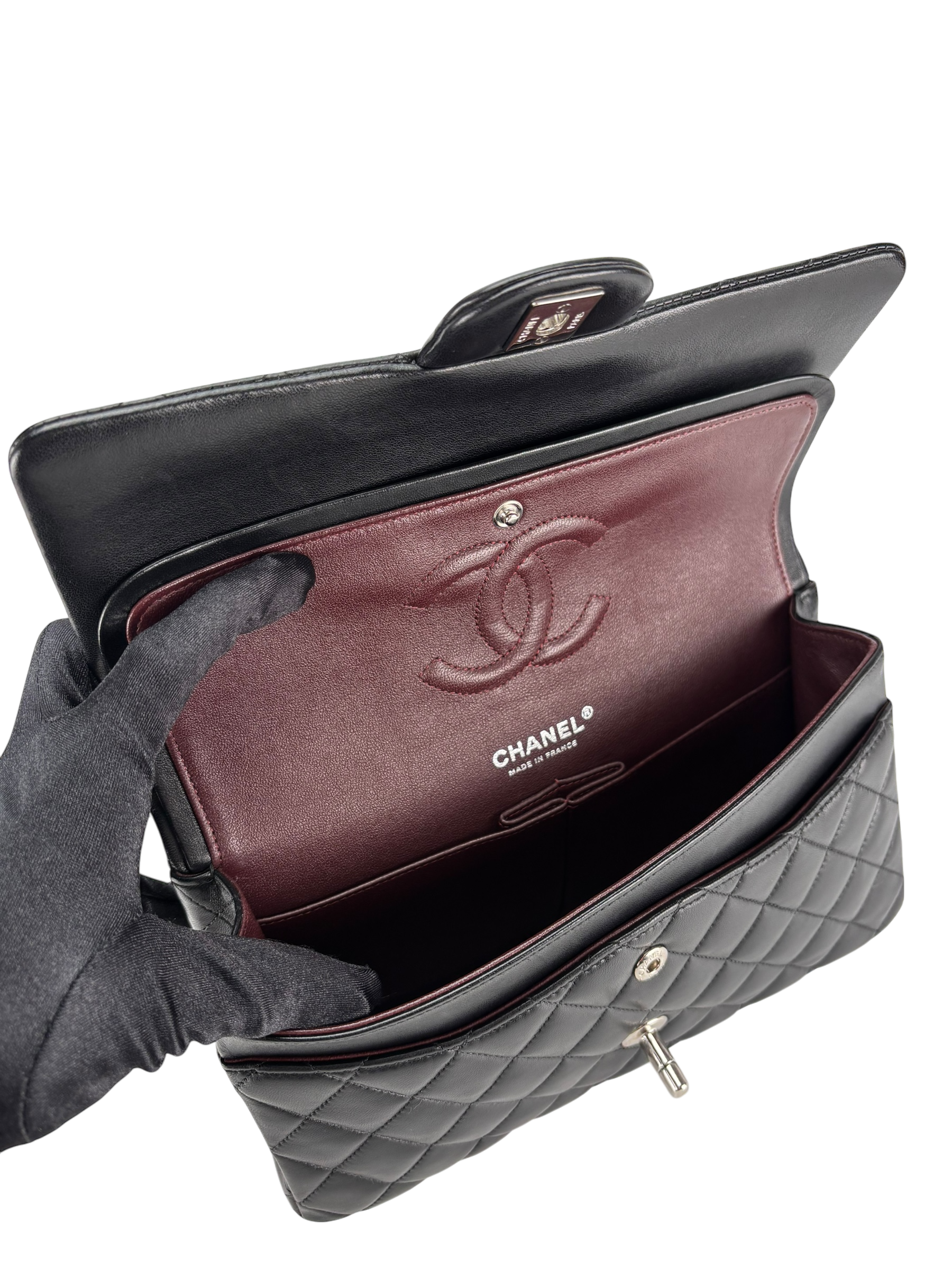 CHANEL - Medium Classic Double Flap Bag Black Lambskin Sliver Hardware (CF25)