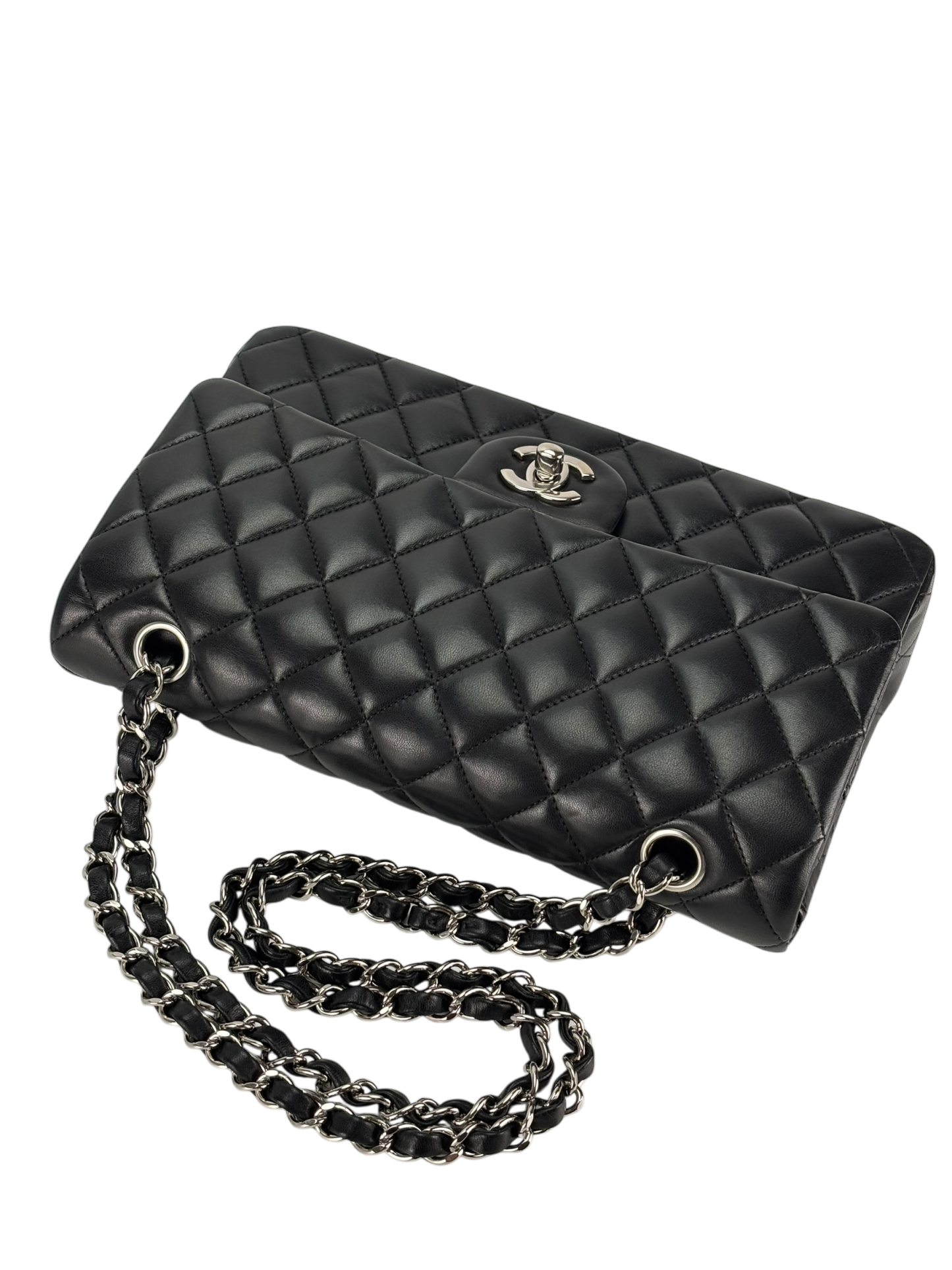 CHANEL - Medium Classic Double Flap Bag Black Lambskin Sliver Hardware (CF25)
