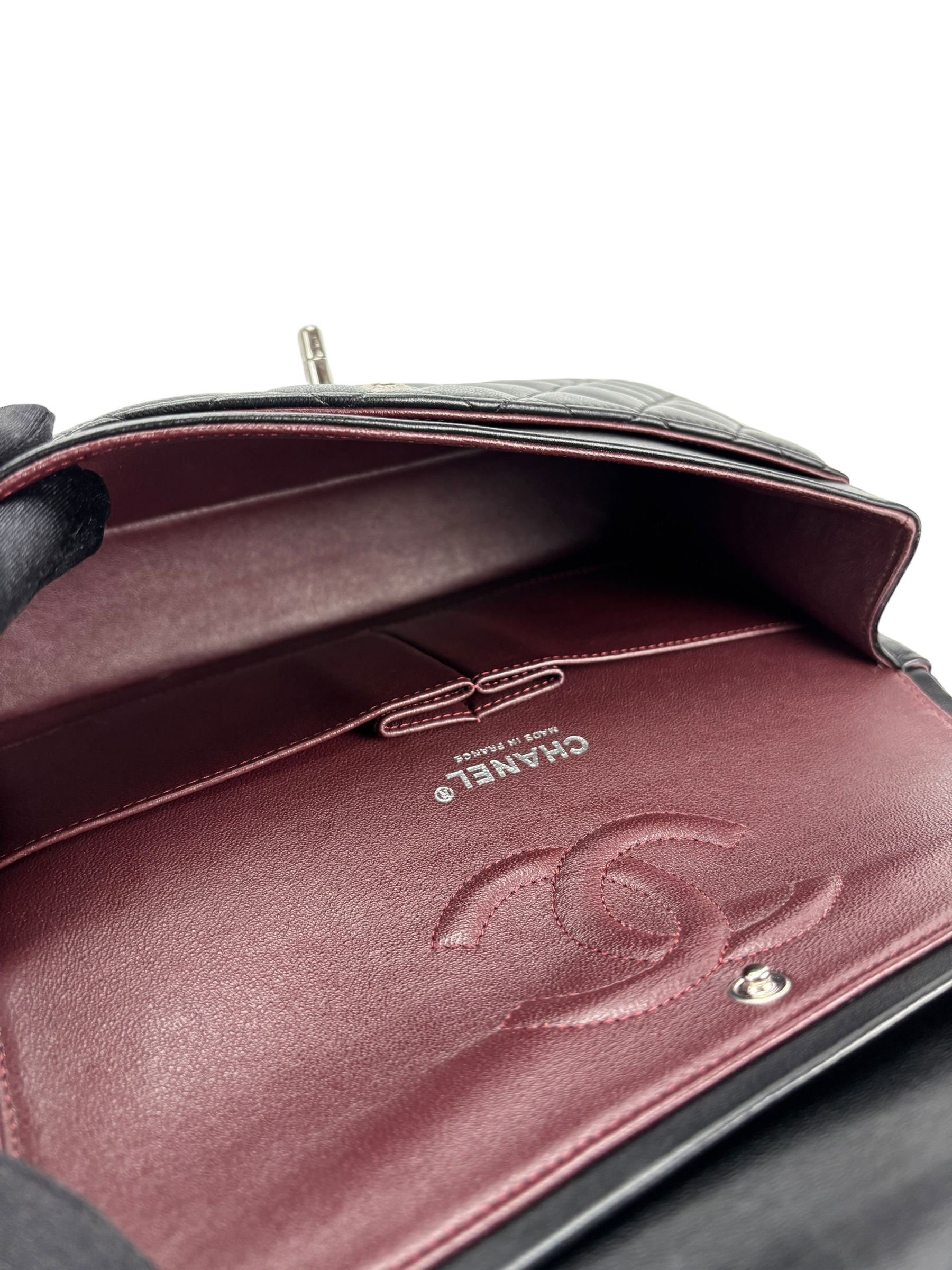 CHANEL - Medium Classic Double Flap Bag Black Lambskin Sliver Hardware (CF25)