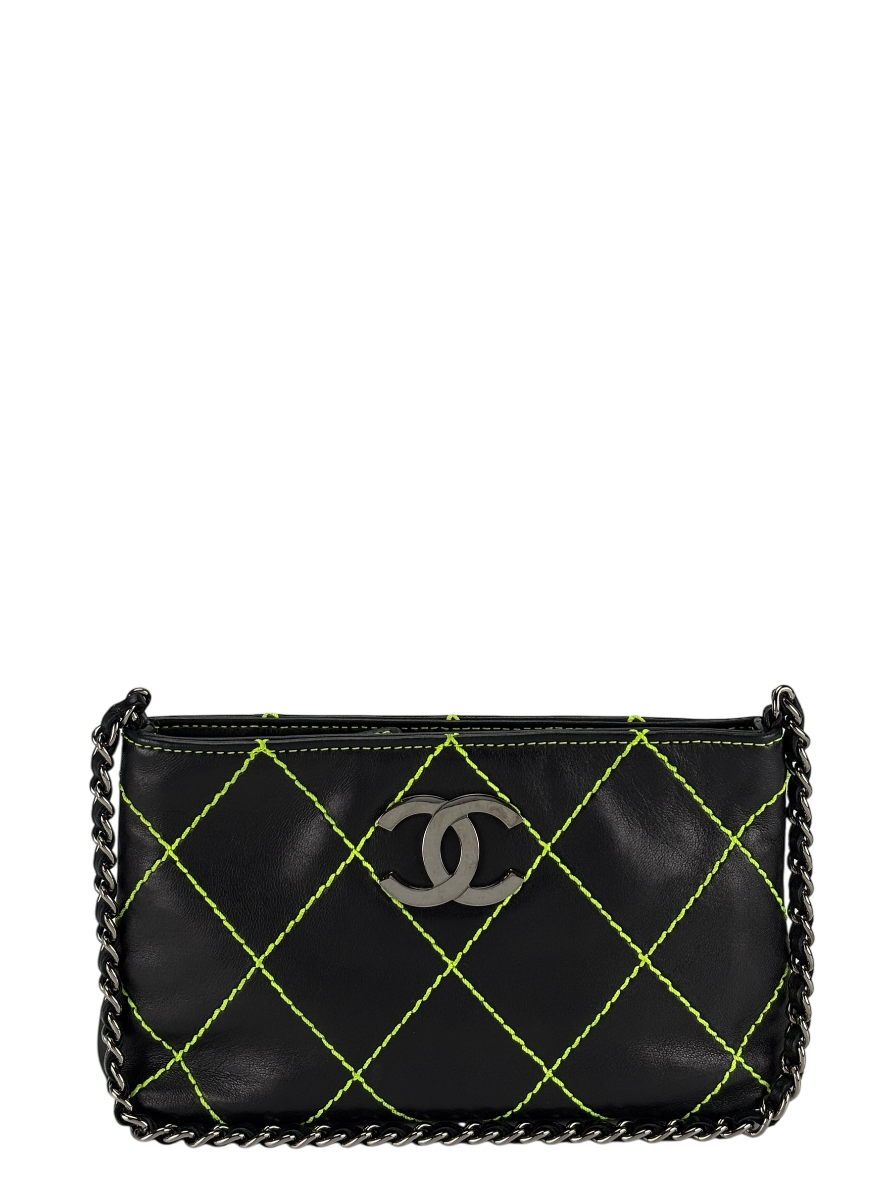 CHANEL - Lambskin Contrast Stitch Surpique Pochette Light Green