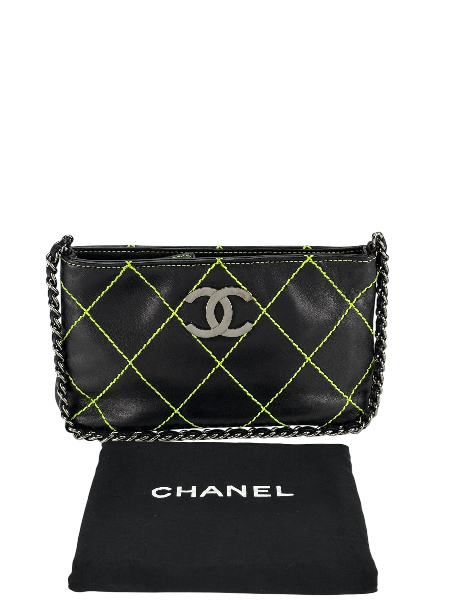 CHANEL - Lambskin Contrast Stitch Surpique Pochette Light Green