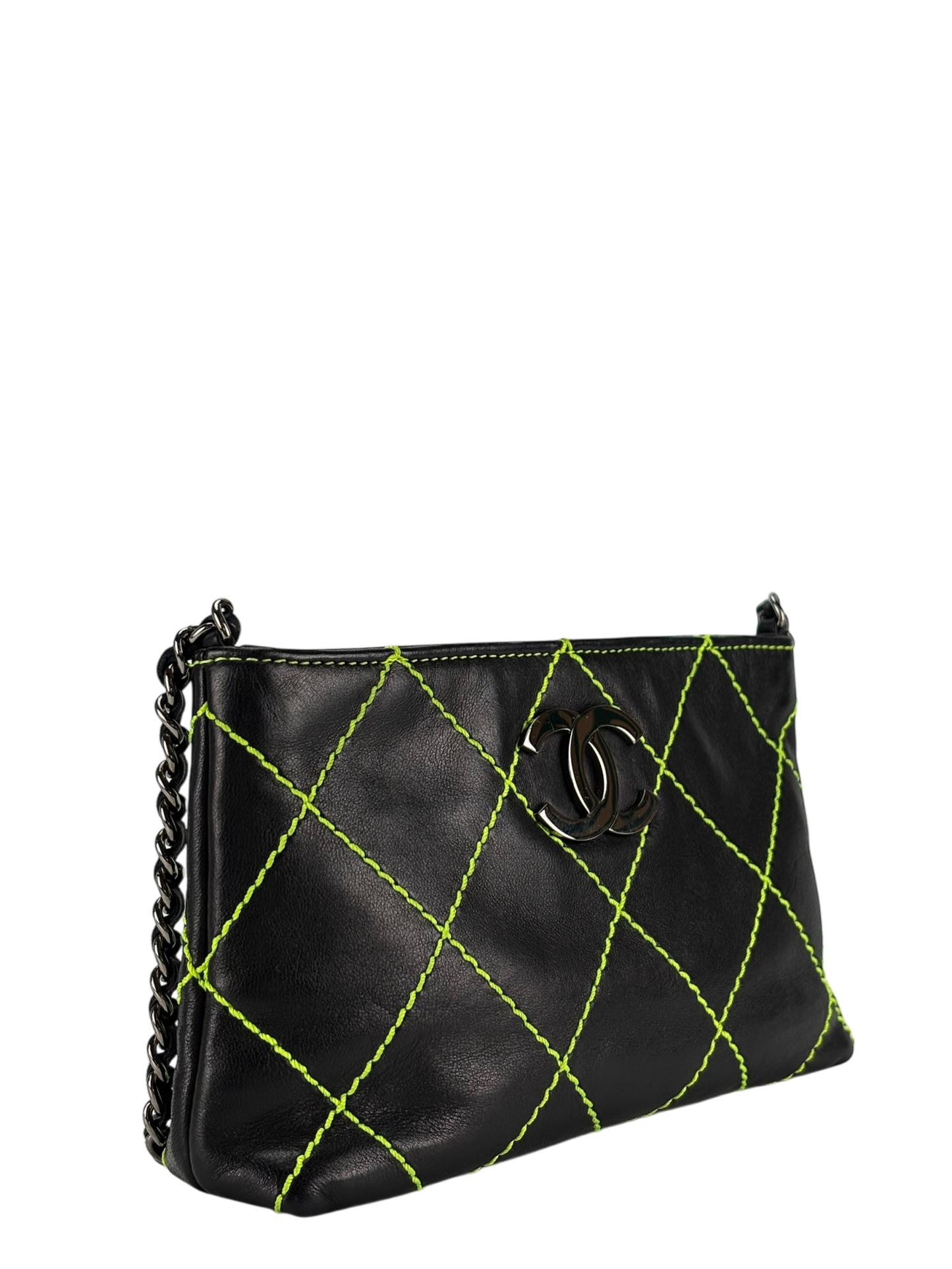 CHANEL - Lambskin Contrast Stitch Surpique Pochette Light Green