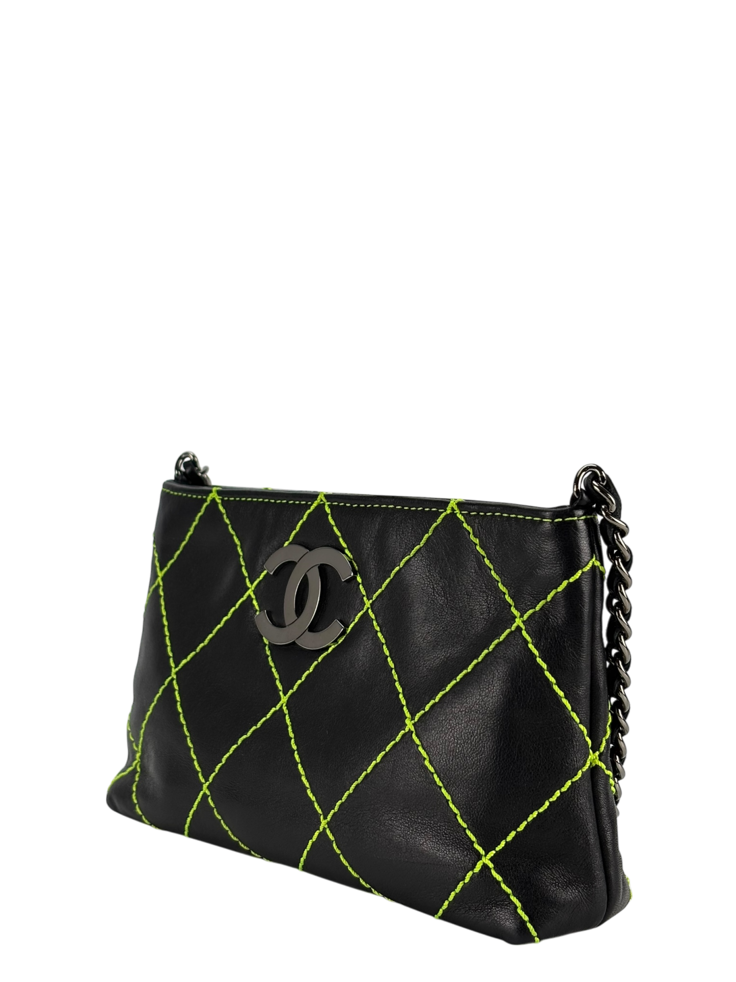 CHANEL - Lambskin Contrast Stitch Surpique Pochette Light Green