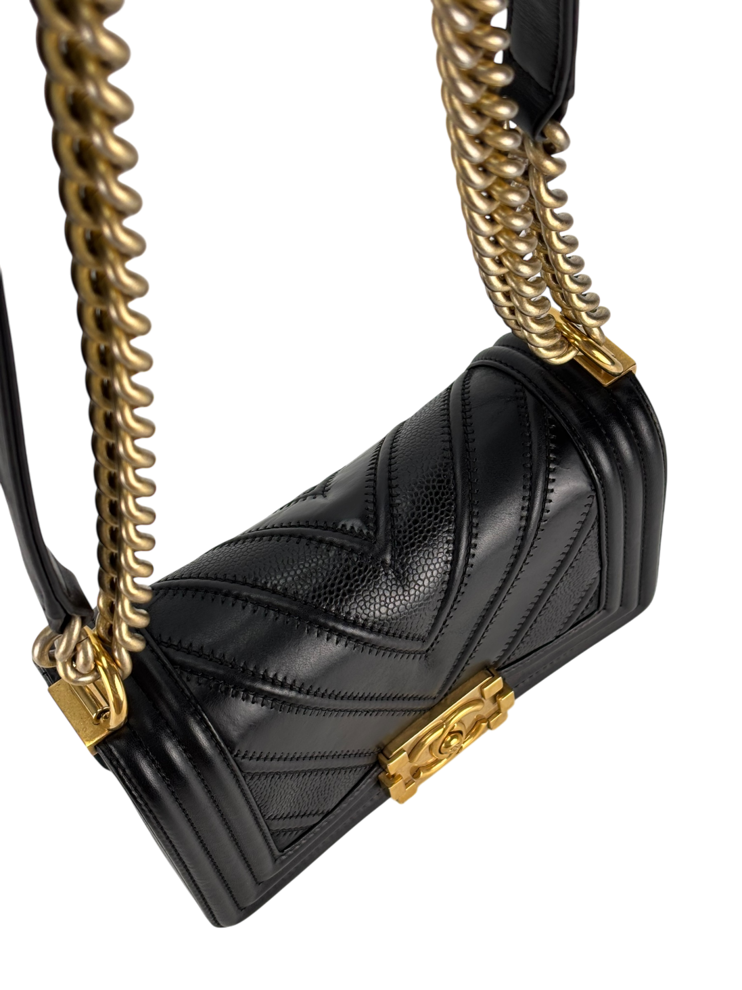 CHANEL - Small Boy Flap Bag Suede Chevron Black Calfksin Sliver Hardware