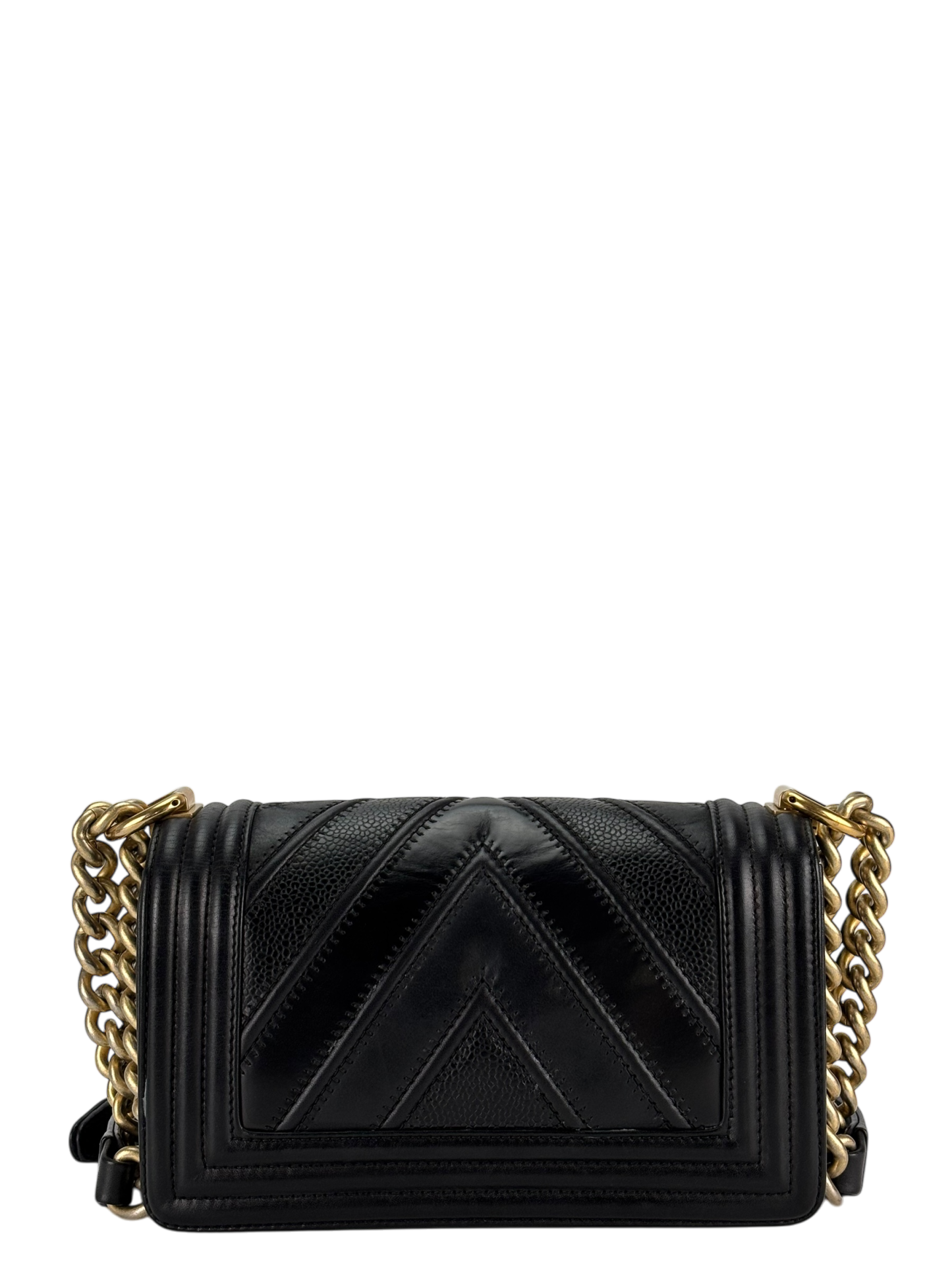 CHANEL - Small Boy Flap Bag Suede Chevron Black Calfksin Sliver Hardware