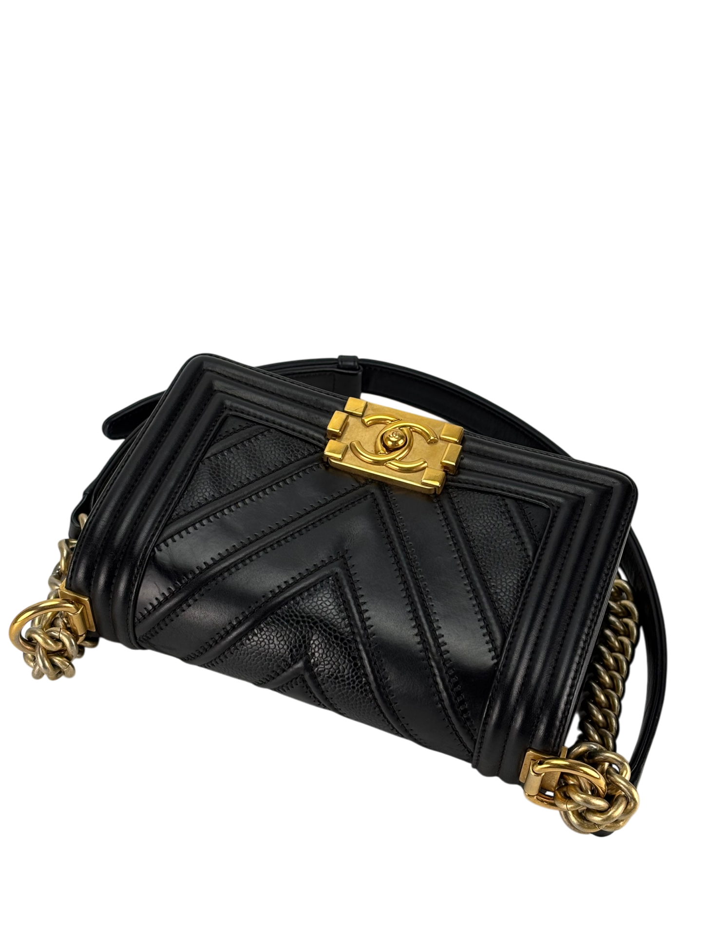 CHANEL - Small Boy Flap Bag Suede Chevron Black Calfksin Sliver Hardware