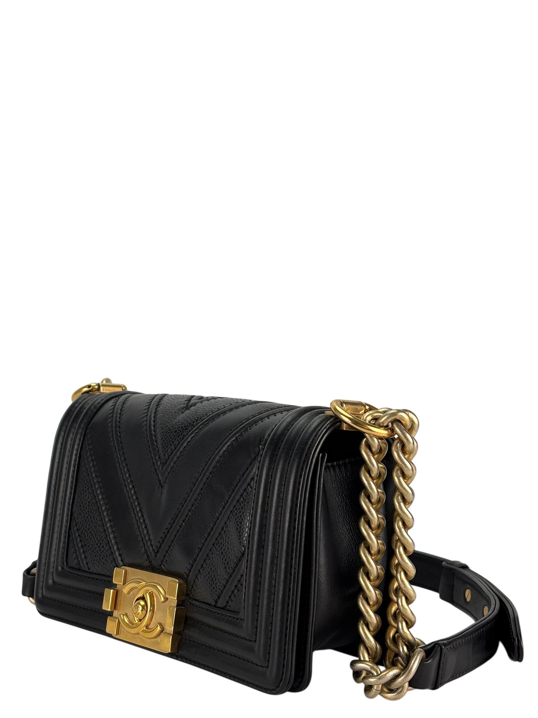 CHANEL - Small Boy Flap Bag Suede Chevron Black Calfksin Sliver Hardware