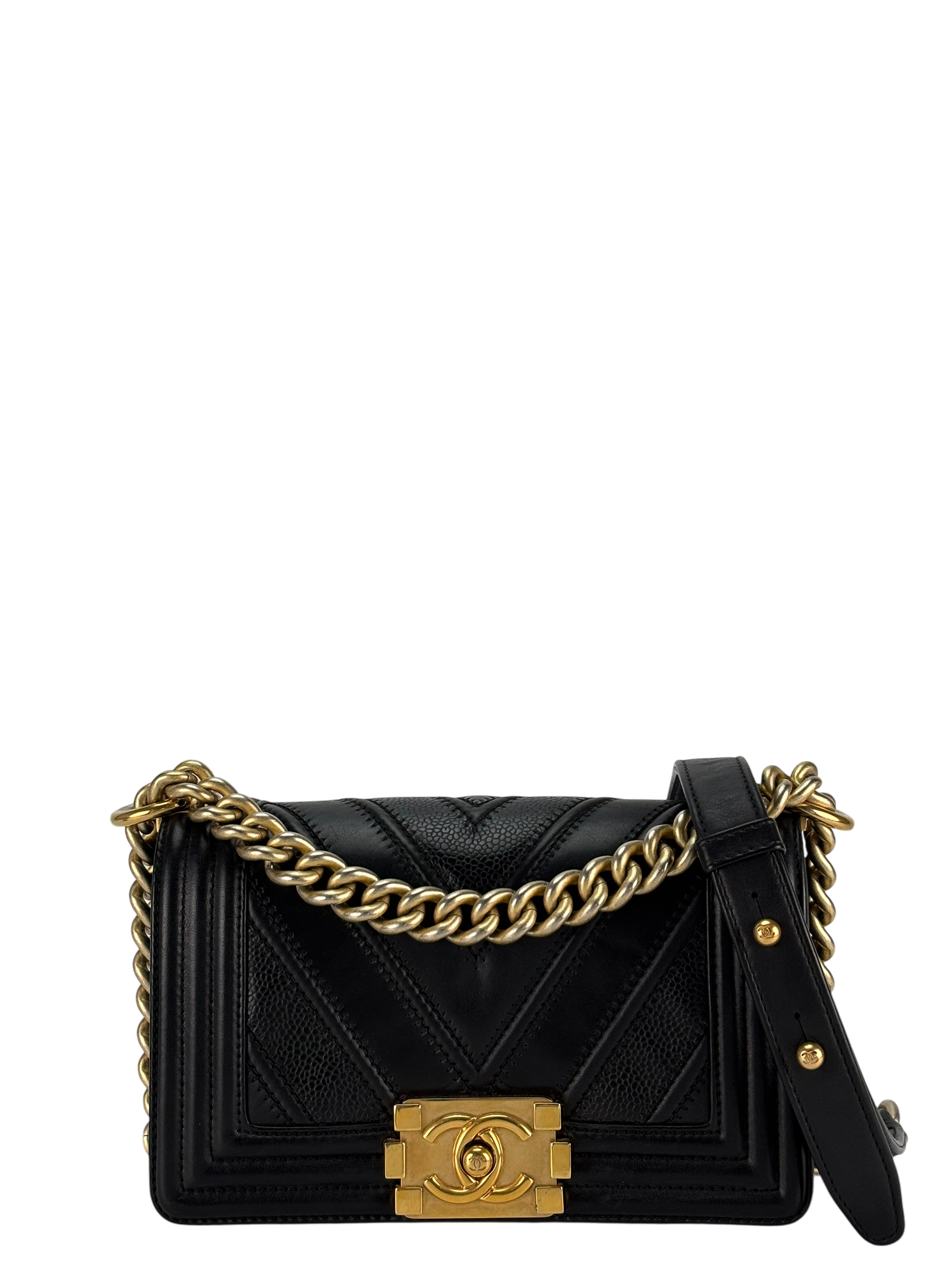 CHANEL - Small Boy Flap Bag Suede Chevron Black Calfksin Sliver Hardware