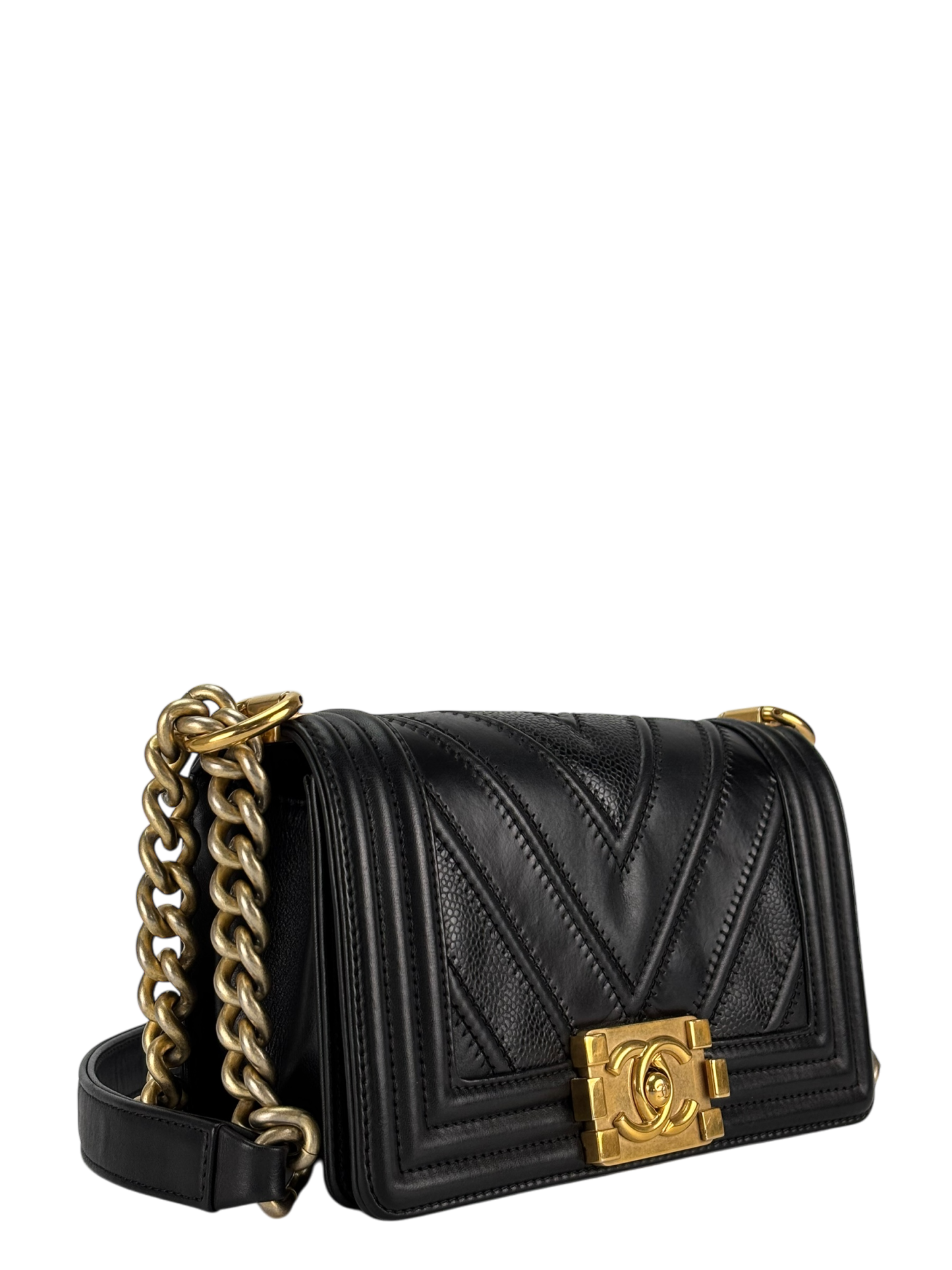 CHANEL - Small Boy Flap Bag Suede Chevron Black Calfksin Sliver Hardware