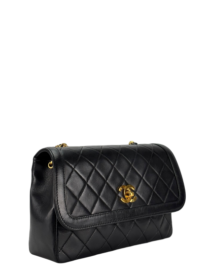 CHANEL - Black Lambskin Matelasse Single Flap Single Chain Bag