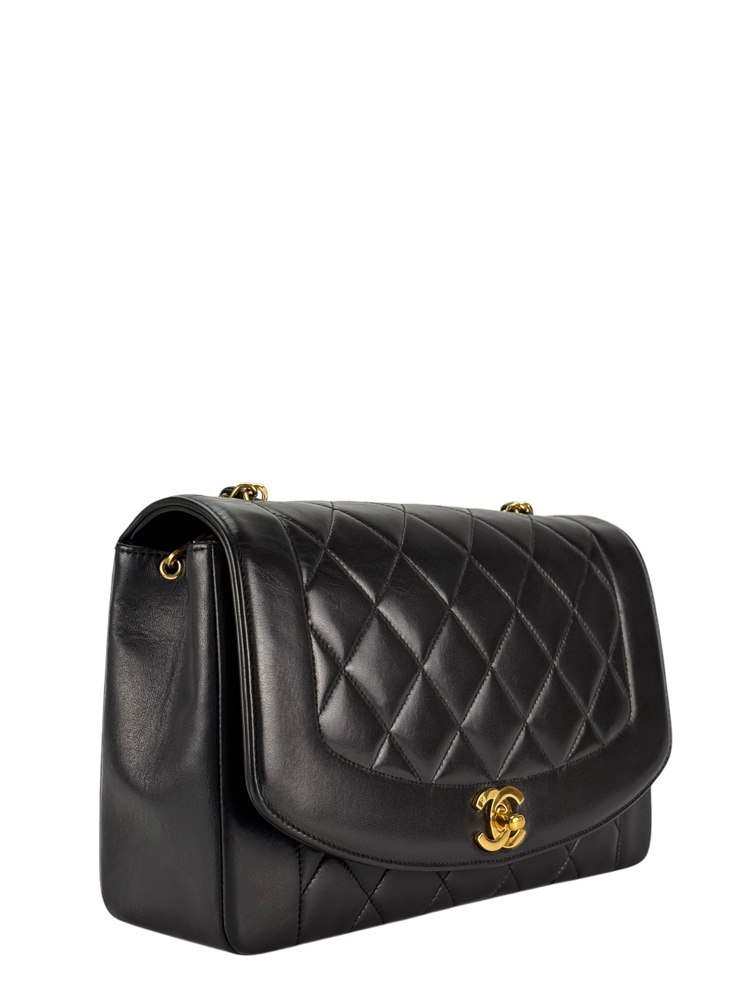 CHANEL - Black Lambskin Chanel Matelasse Single Flap Single Chain Bag Diana Flap Black Gold Hardware