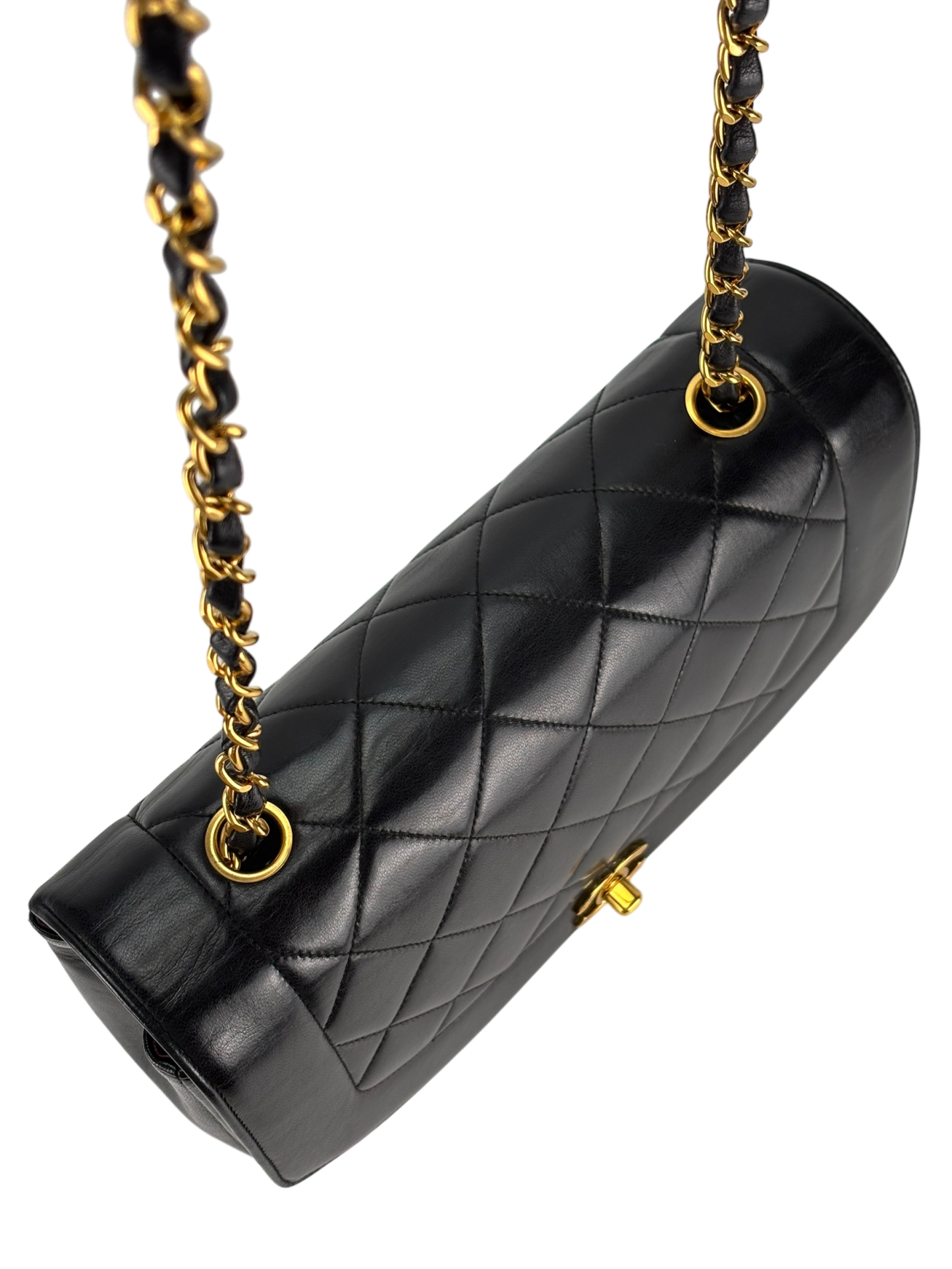 CHANEL - Black Lambskin Chanel Matelasse Single Flap Single Chain Bag Diana Flap Black Gold Hardware