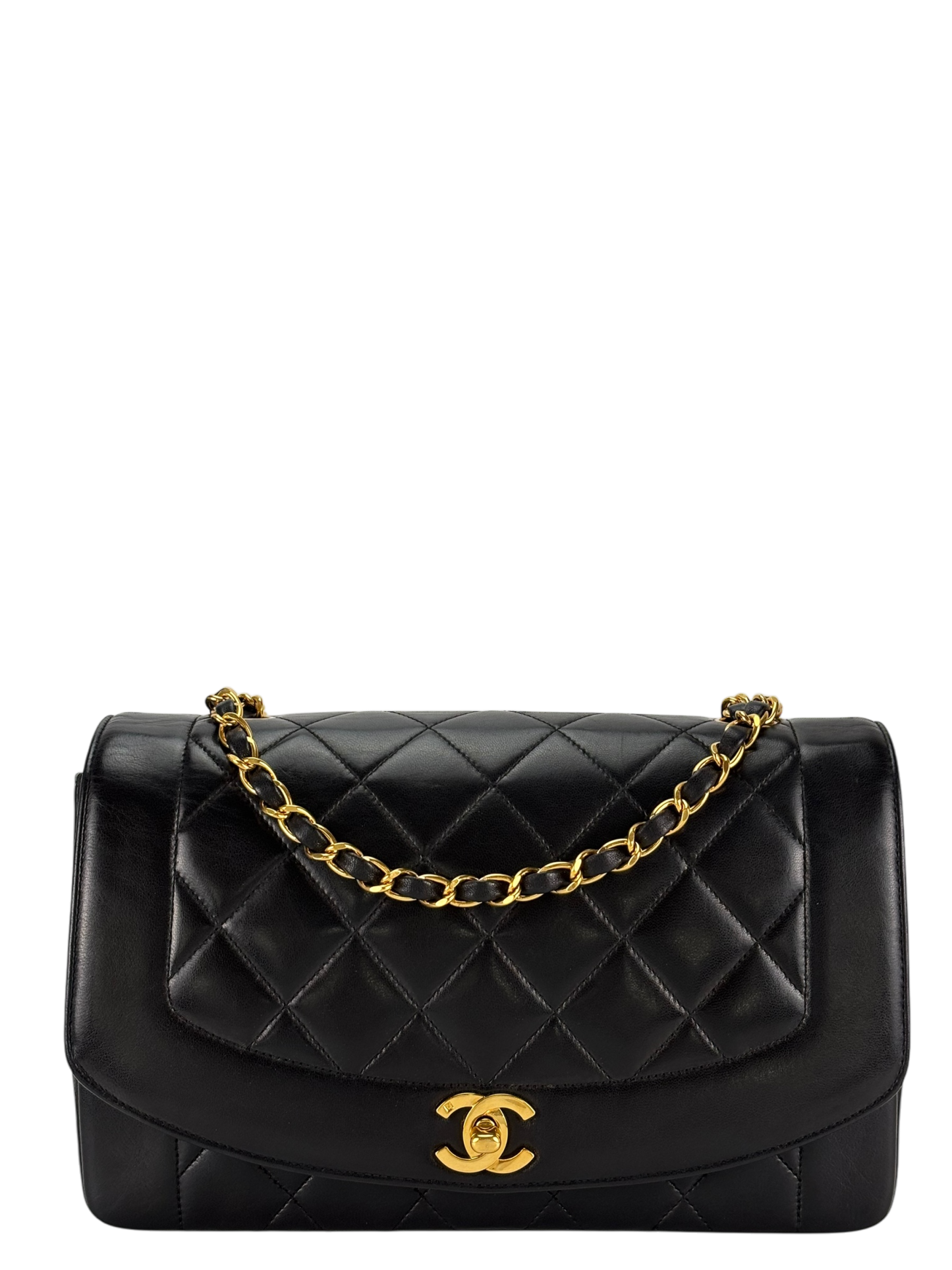 CHANEL - Black Lambskin Chanel Matelasse Single Flap Single Chain Bag Diana Flap Black Gold Hardware