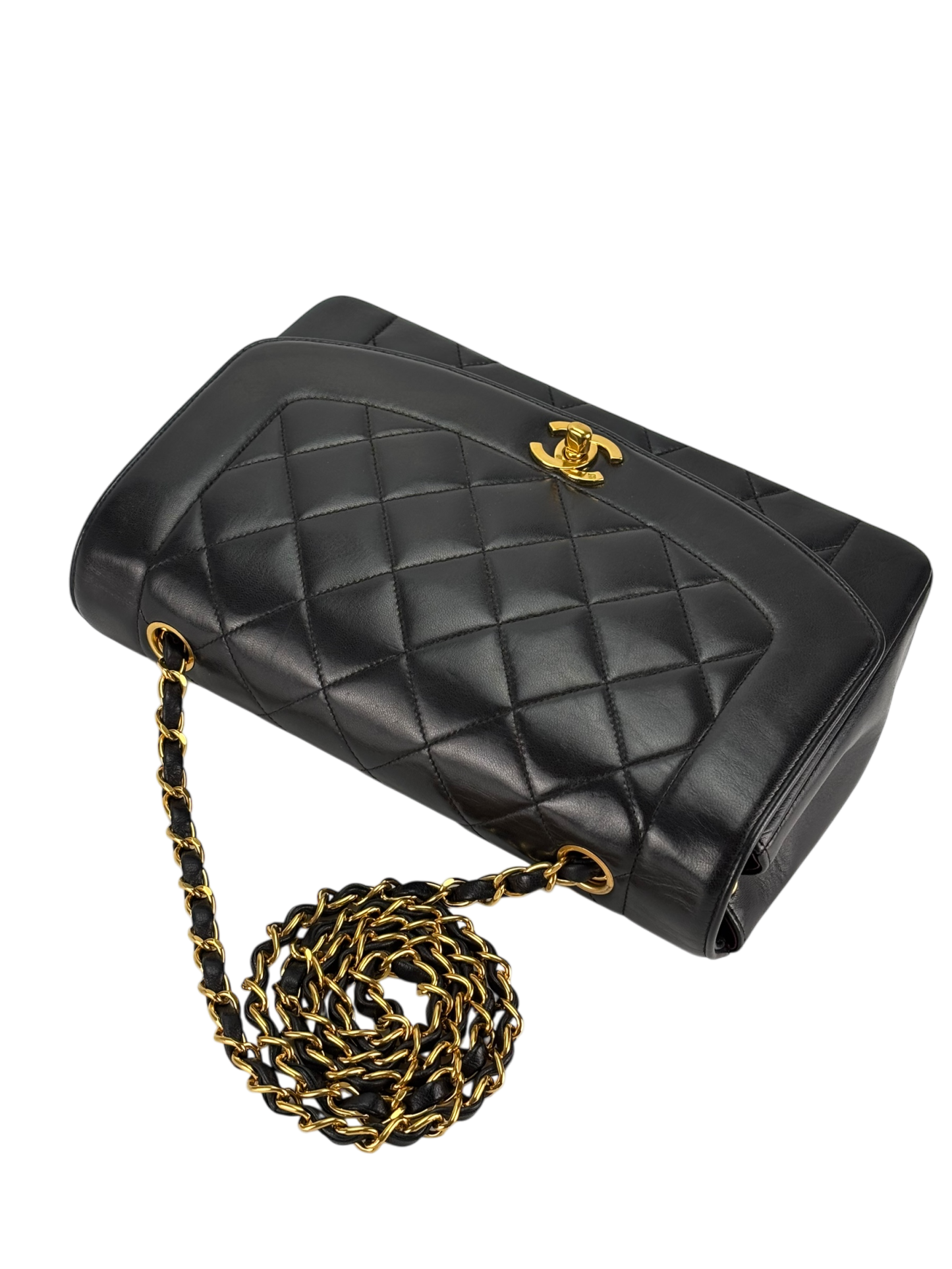 CHANEL - Black Lambskin Chanel Matelasse Single Flap Single Chain Bag Diana Flap Black Gold Hardware