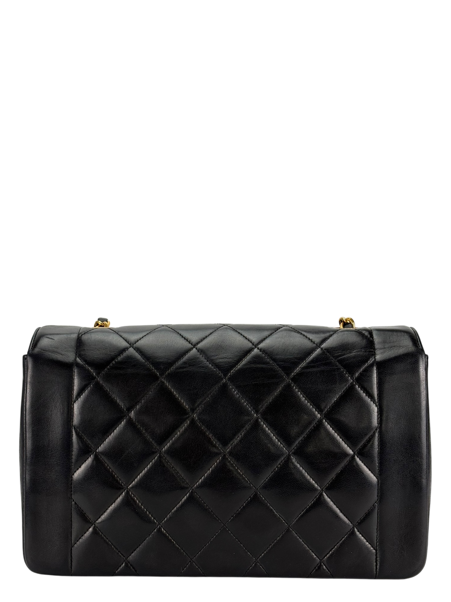 CHANEL - Black Lambskin Chanel Matelasse Single Flap Single Chain Bag Diana Flap Black Gold Hardware