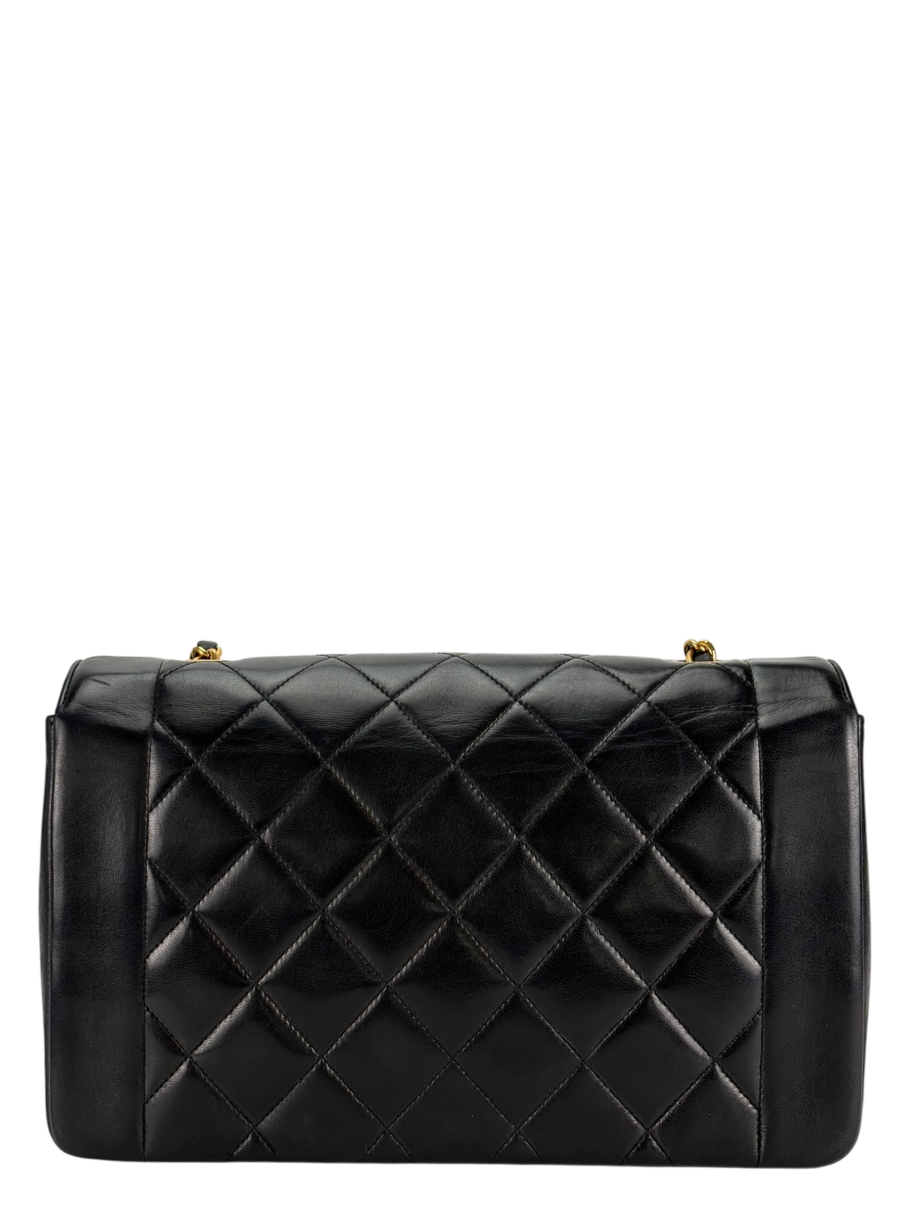 CHANEL - Black Lambskin Chanel Matelasse Single Flap Single Chain Bag Diana Flap Black Gold Hardware